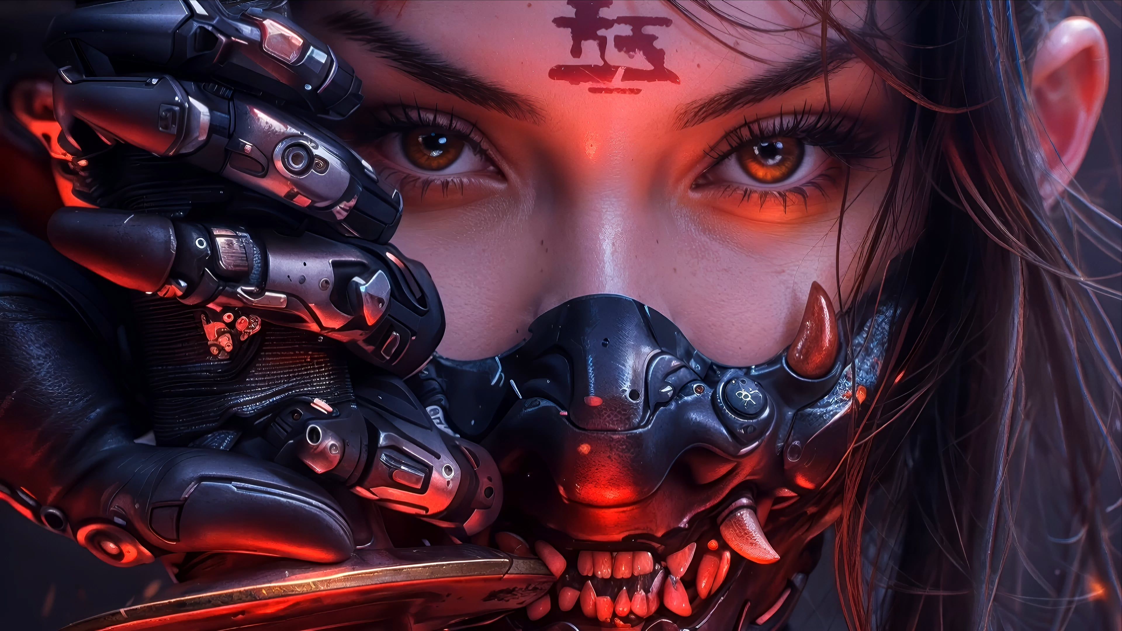 3840x2160 Cyber Oni Mask Girl Close Up Live Wallpaper