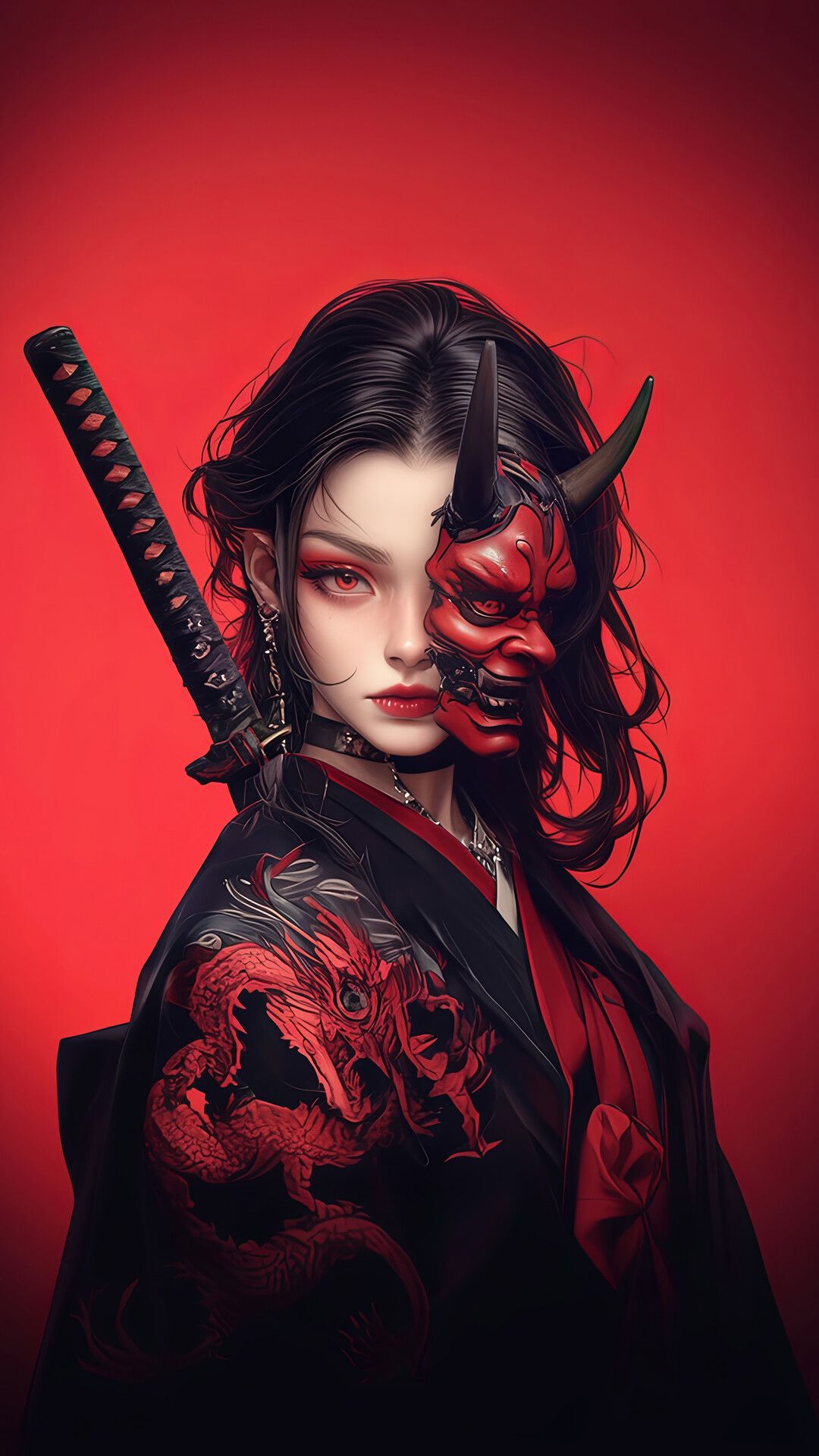 1080x1920 Anime Girl Red Eyes Oni Mask 4K Wallpaper iPhone HD Phone f