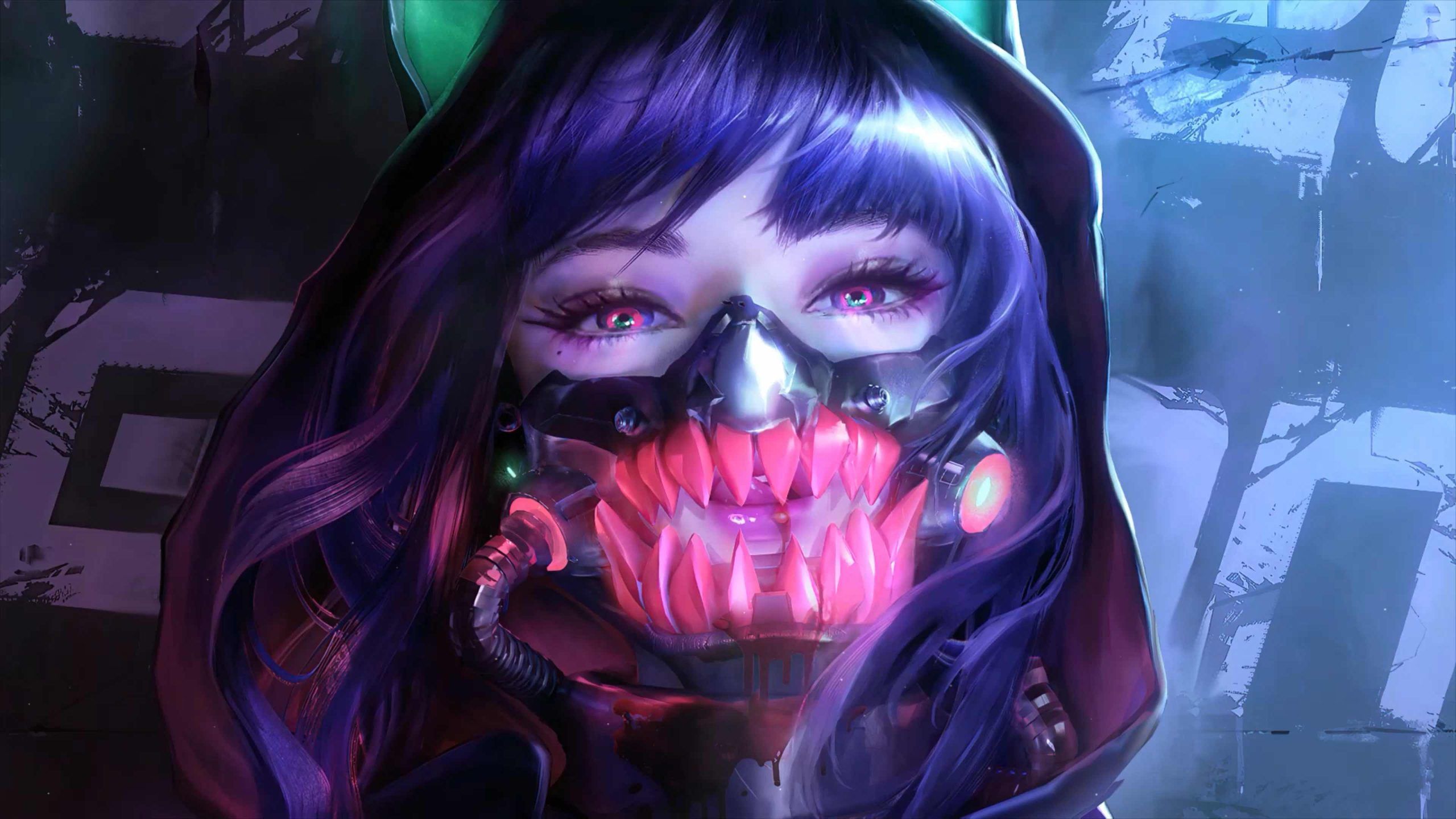 2560x1440 Cyberpunk Girl Hoodie Oni Mask Live Wallpaper