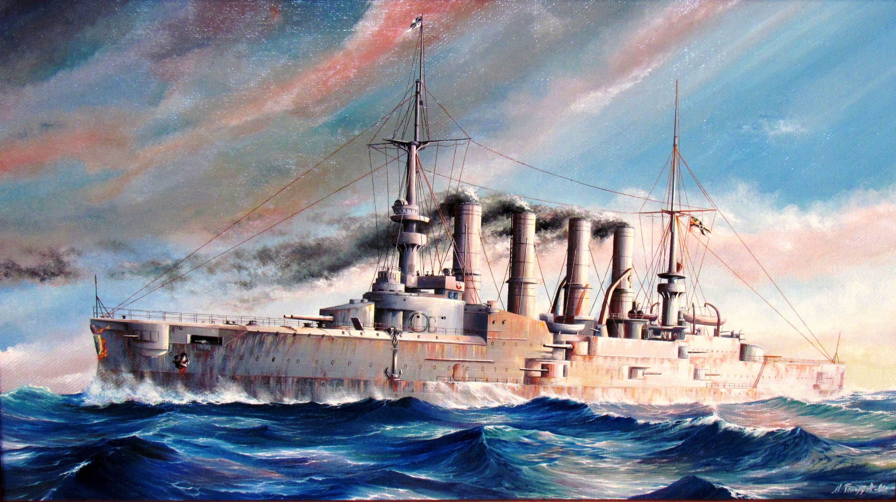 3476x1948 Wallpaper sea, figure, art, WW armored cruiser, SMS Scharnhorst, the German Imperial Navy, the artist M. Goncharov for mobile and desktop, section оружие, resolution 3476x1948