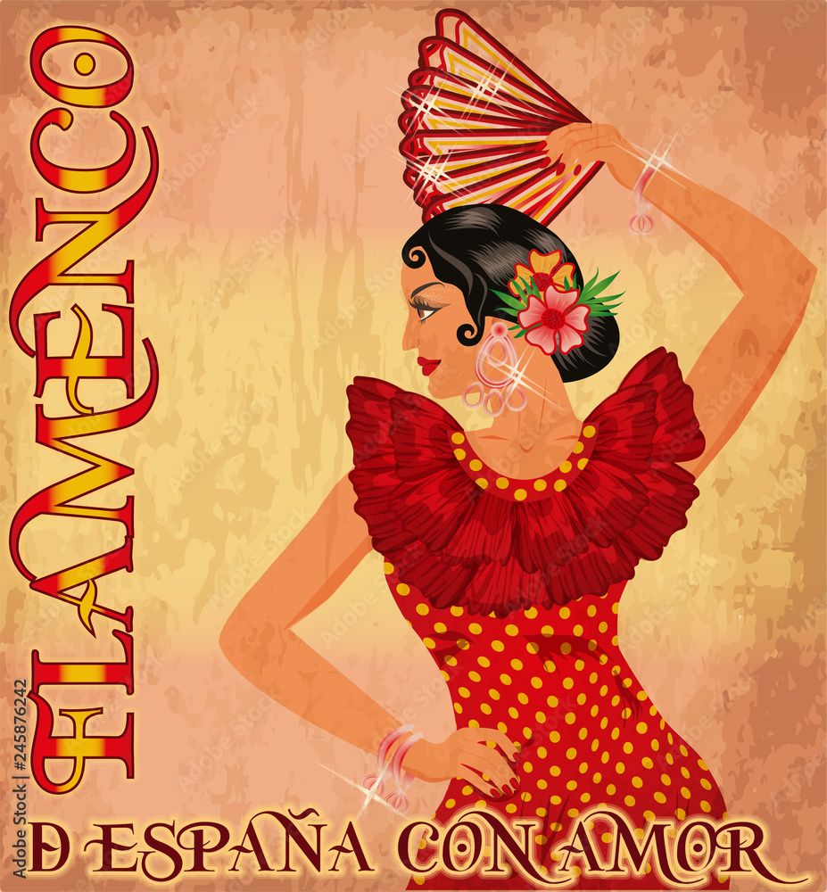 927x1000 Flamenco Spain love wallpaper with spanish girl and fan, vector illustration Stock Vector