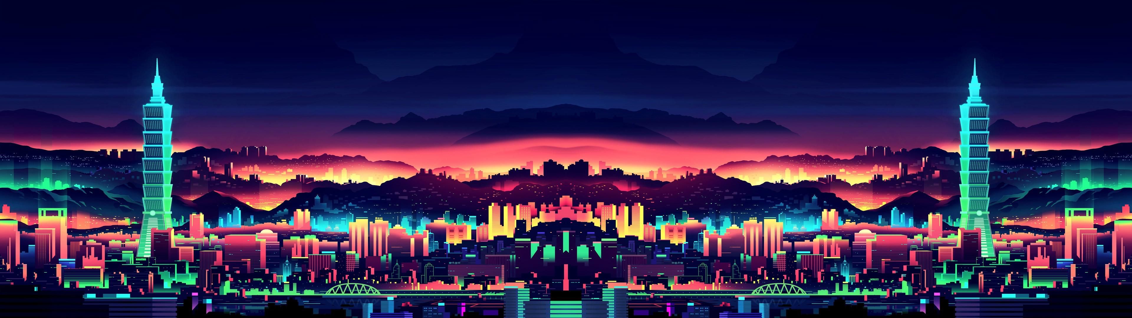3840x1080 Neon city 3840x1080 wallpaper (1920x1080 versions included)