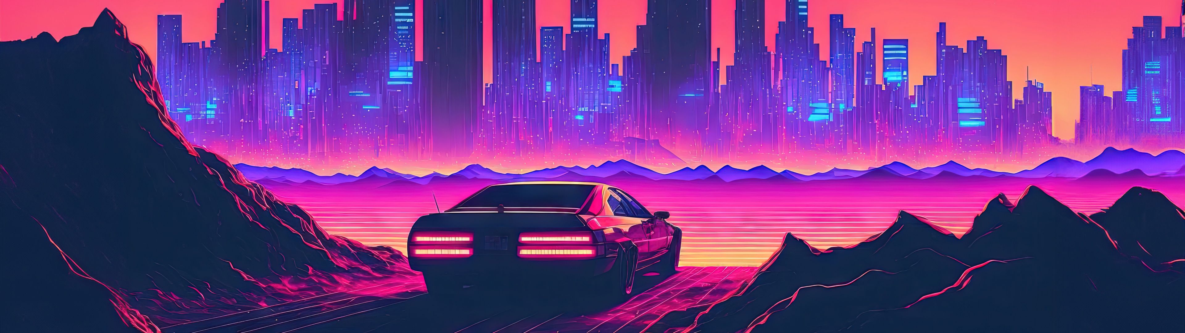 3840x1080 Futuristic city Wallpaper 4K, Outrun, Neon art, Cyberpunk