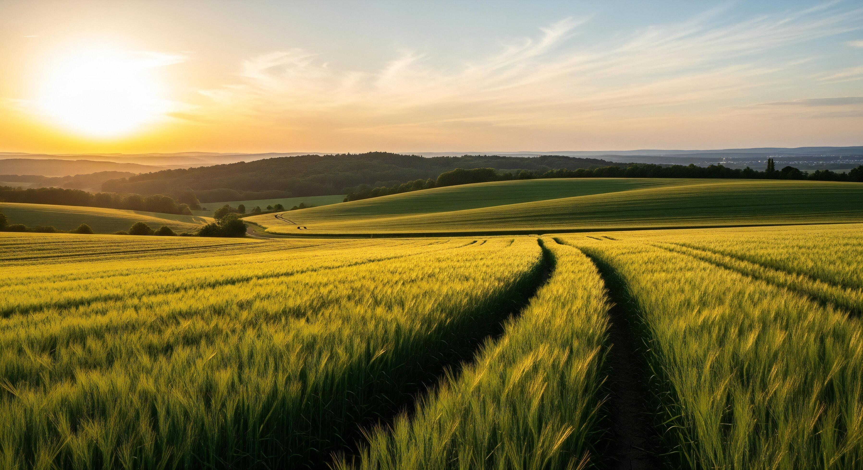 3593x1960 Golden sunset illuminates rolling green wheat fields with a winding dirt path