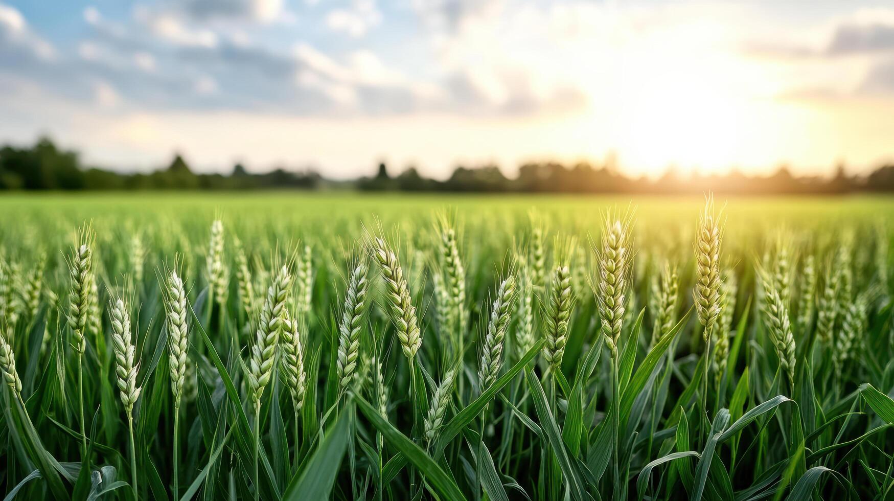 1749x980 Green wheat field with sun setting in the background