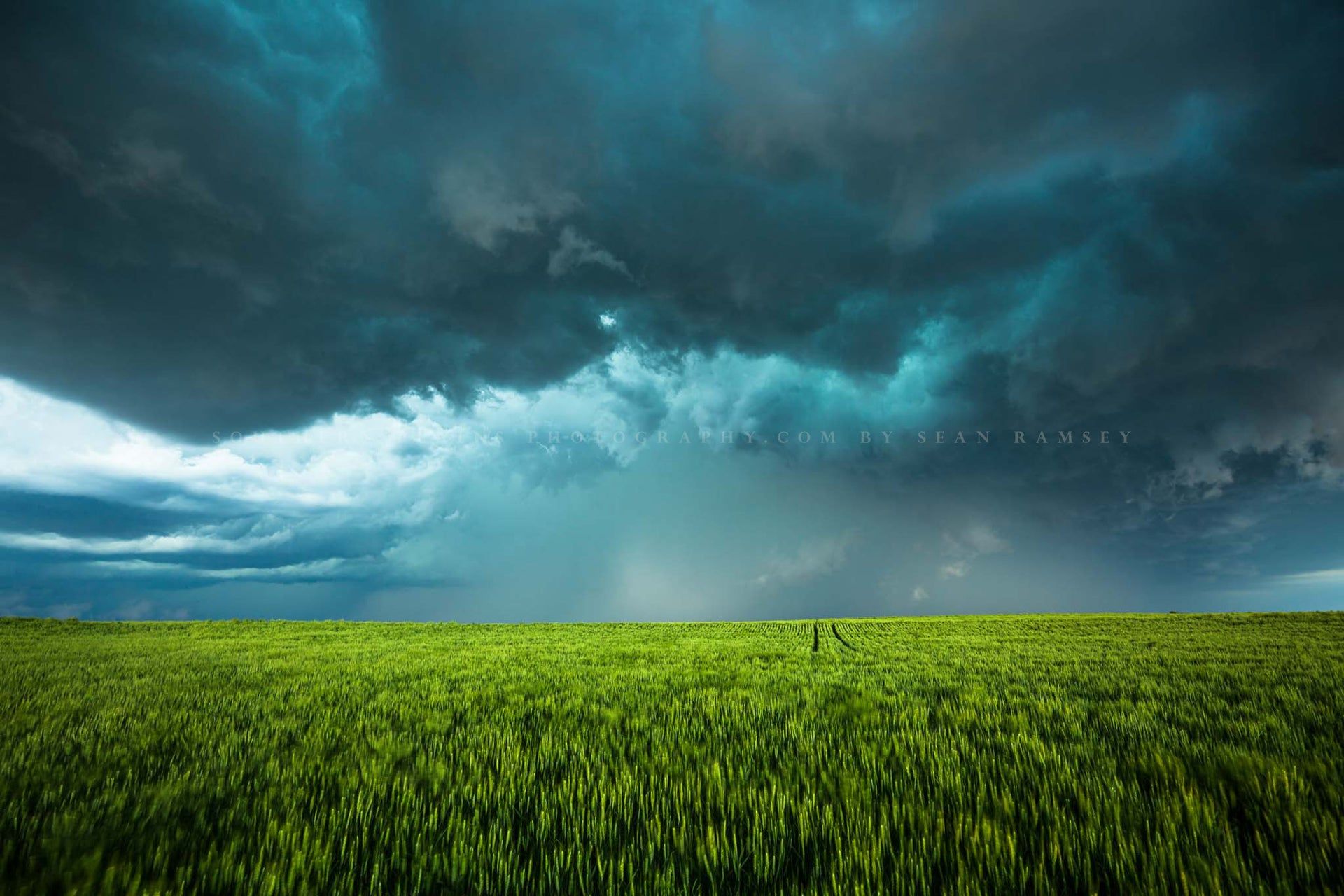1920x1280 Teal Hued Thunderstorm Over Lush Green Wheat Field in Kansas Photo Print (Unframed). Storm Wall Art Weather Decor