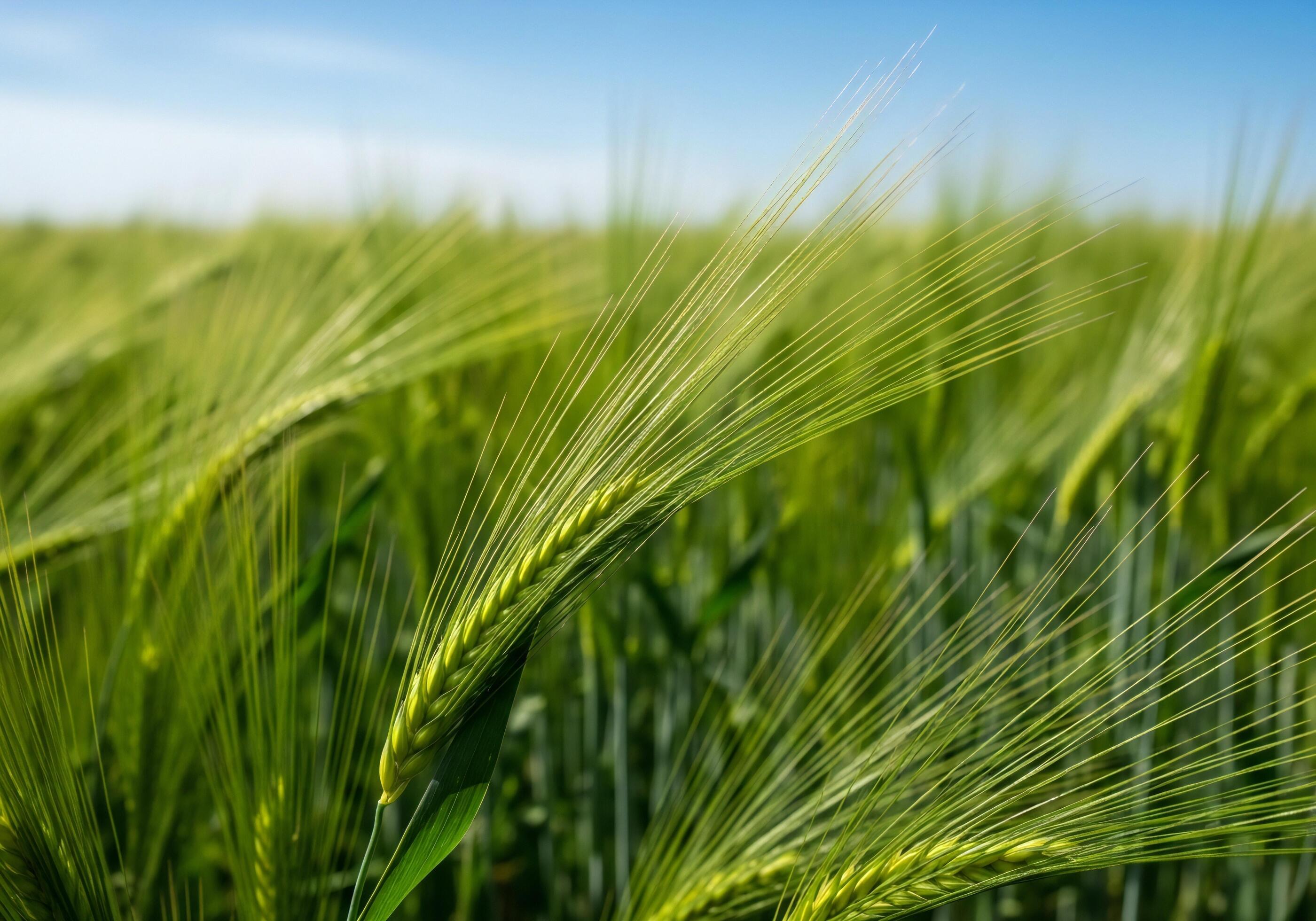 2800x1960 Nature background, Nature wallpaper, Close up view of unripe green wheat stalks in a vast field under a clear blue sky