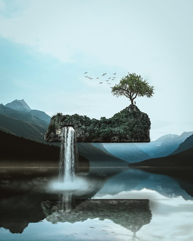 800x1000 Floating Island, floating, island, mountains, hop, surreal, waterfall, waterfalls, HD phone wallpaper