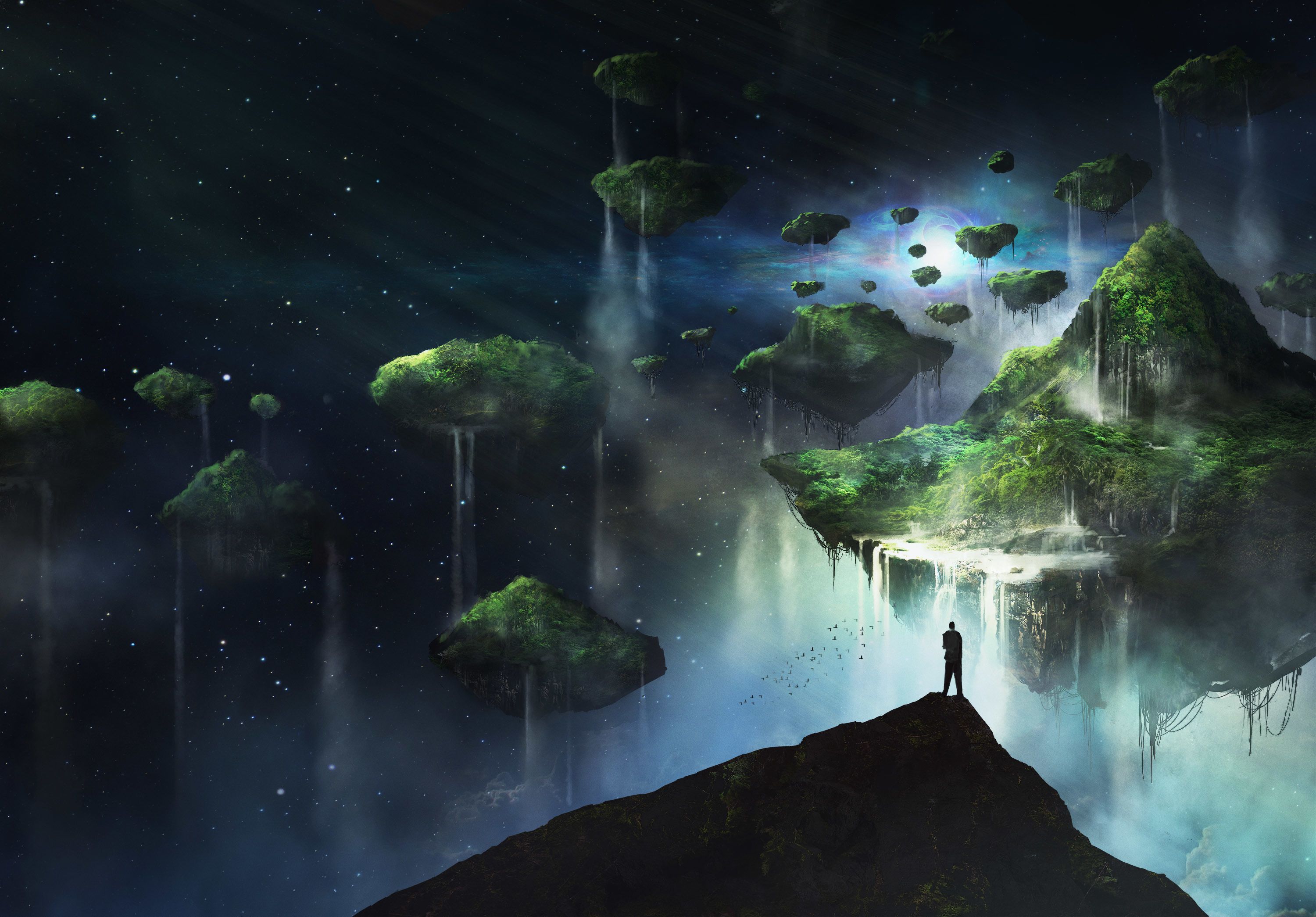 3000x2090 Desktop wallpaper: Fantasy, Landscape, Floating Island, Space, Waterfall 4K free download for PC. 862065