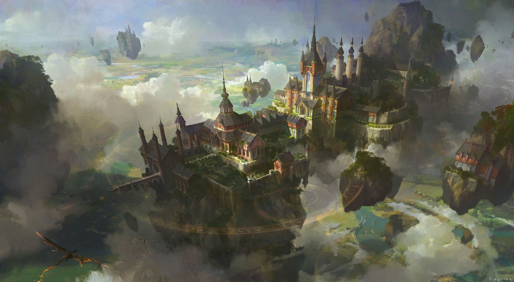 1966x1080 Phone wallpaper: Floating Island, Landscape, Fantasy, City, Building, Cloud 836025