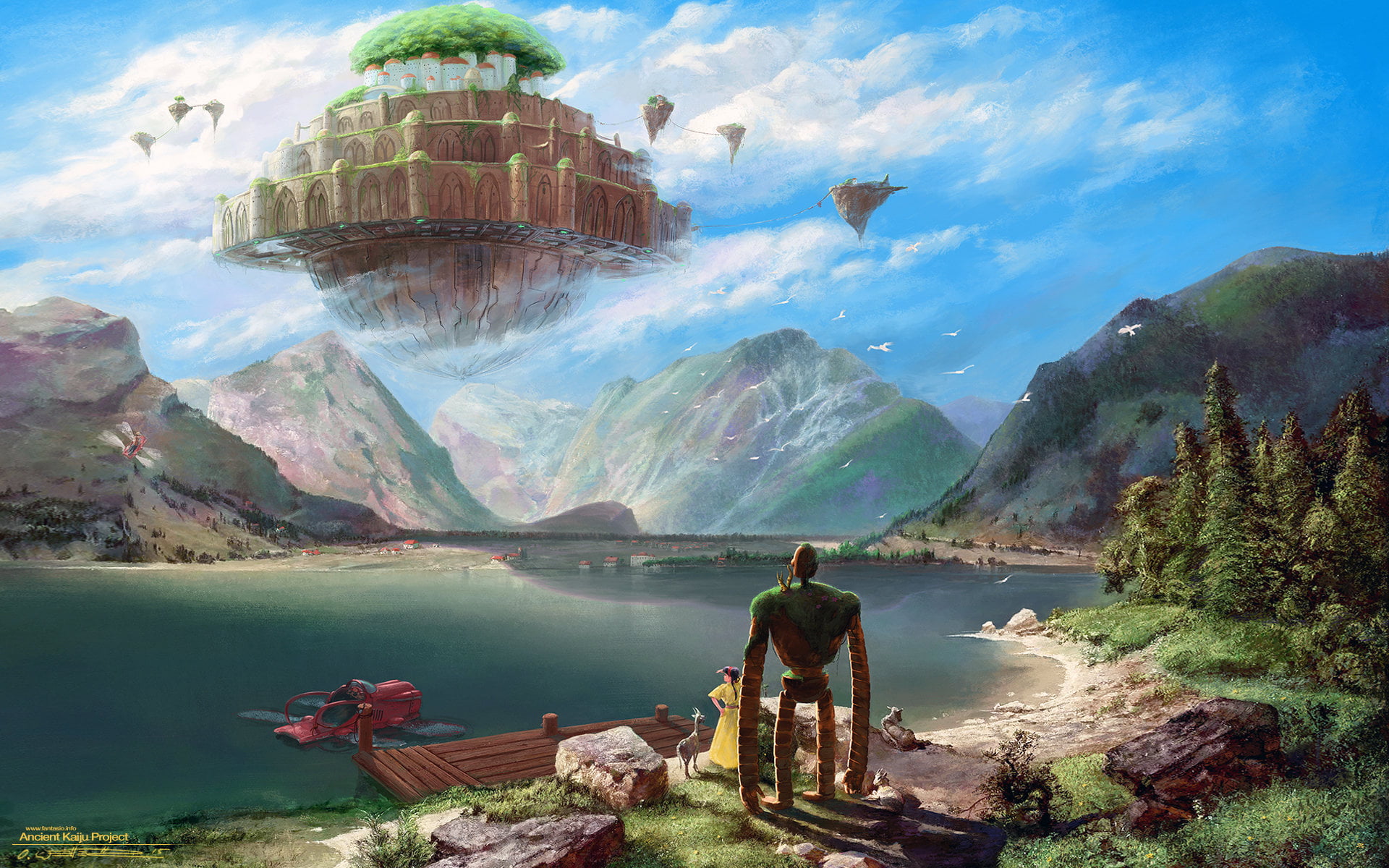 1920x1200 Floating island illustration, artwork, digital art, Castle in the Sky, Studio Ghibli HD wallpaper