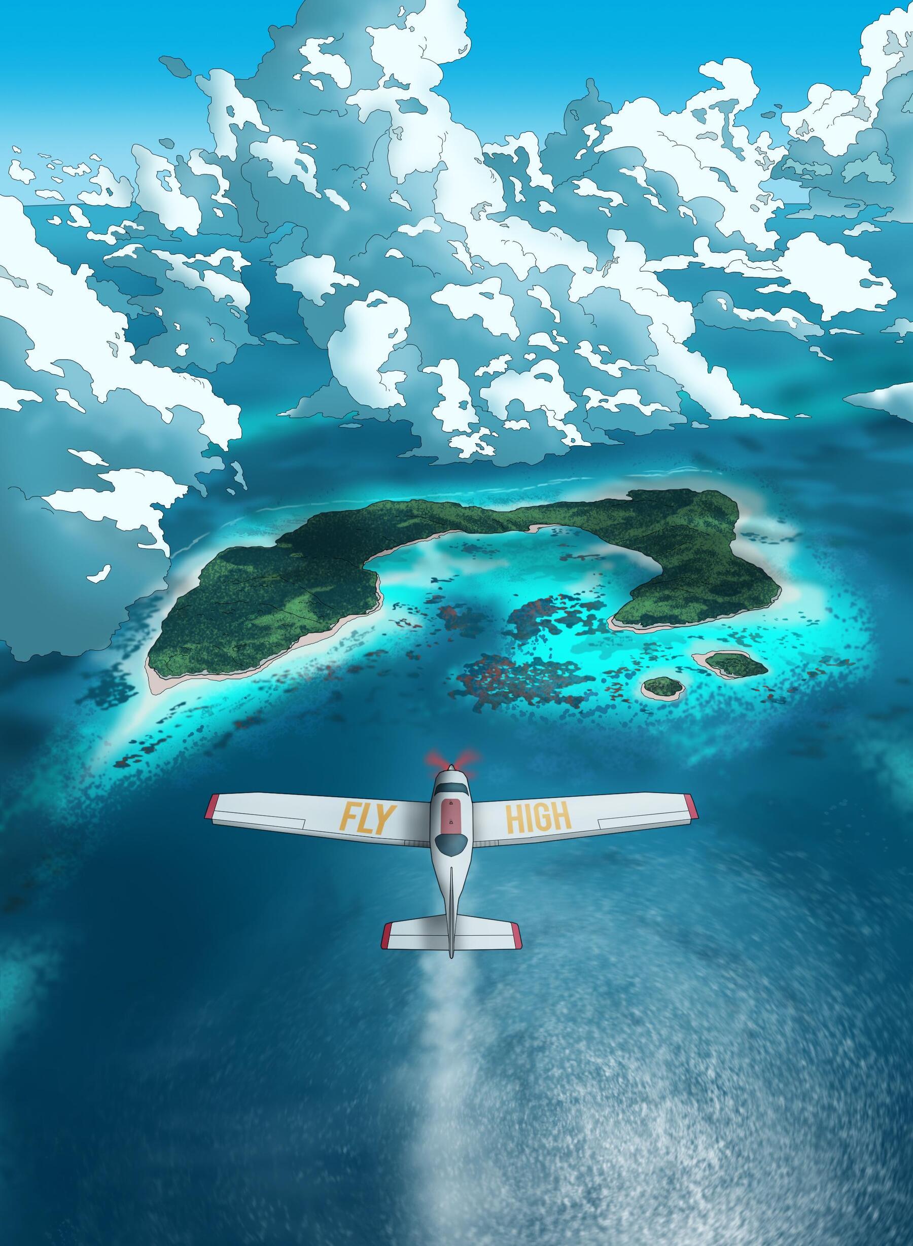 1800x2457 Anime Style Plane Flying Over Tropical Islands Top Best Wallpaper For IPhone 15 16 Pro Max