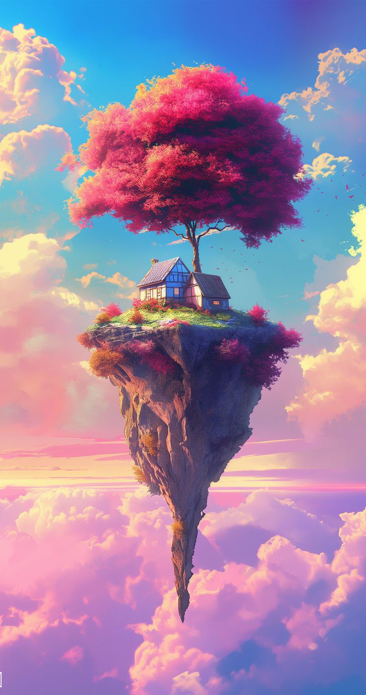 736x1395 4K Anime Floating Island with Pink Tree and House Wallpaper