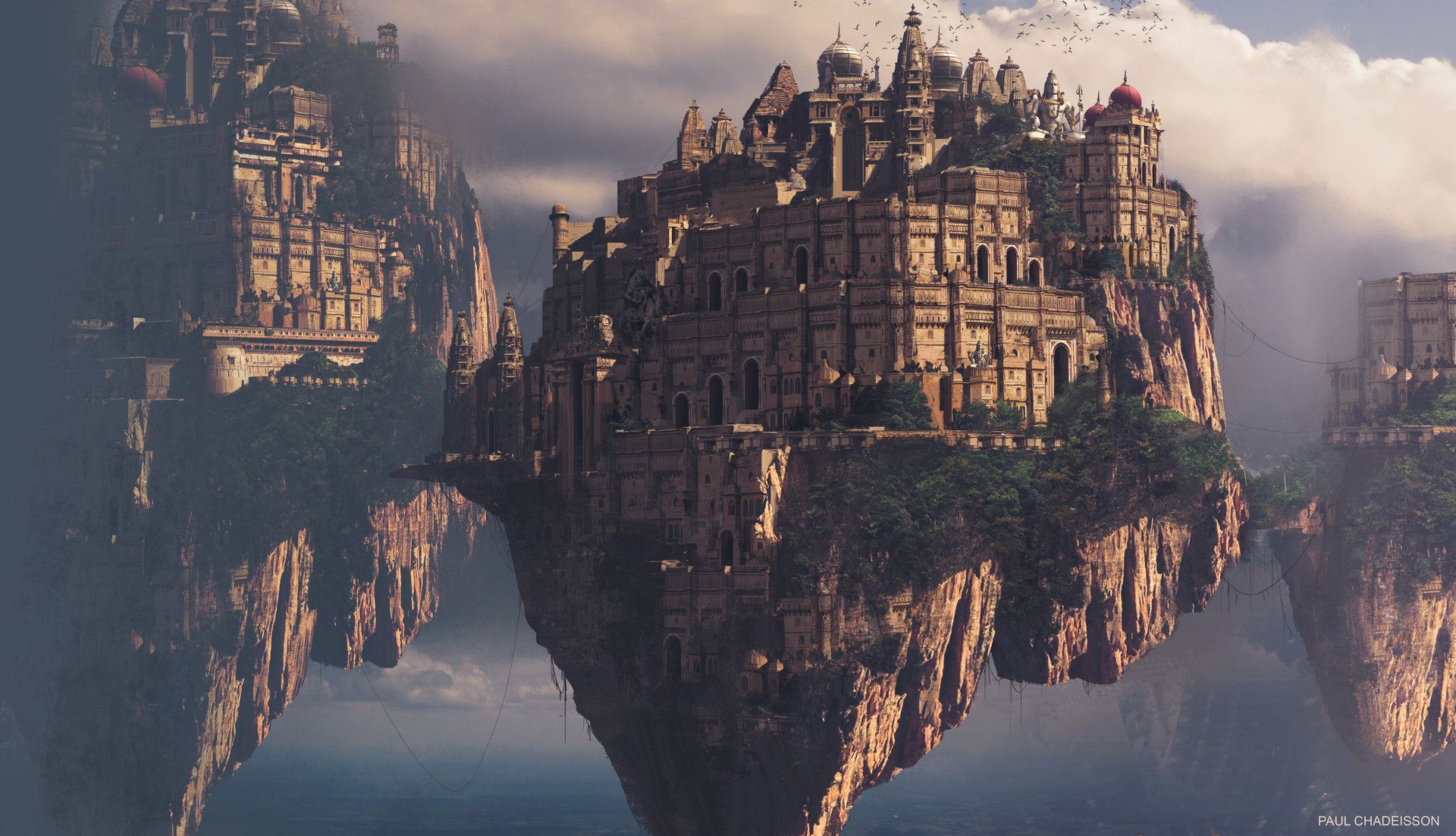 1920x1102 Desktop wallpaper: Fantasy, City, Floating Island, Sky 4K free download for PC. 922533