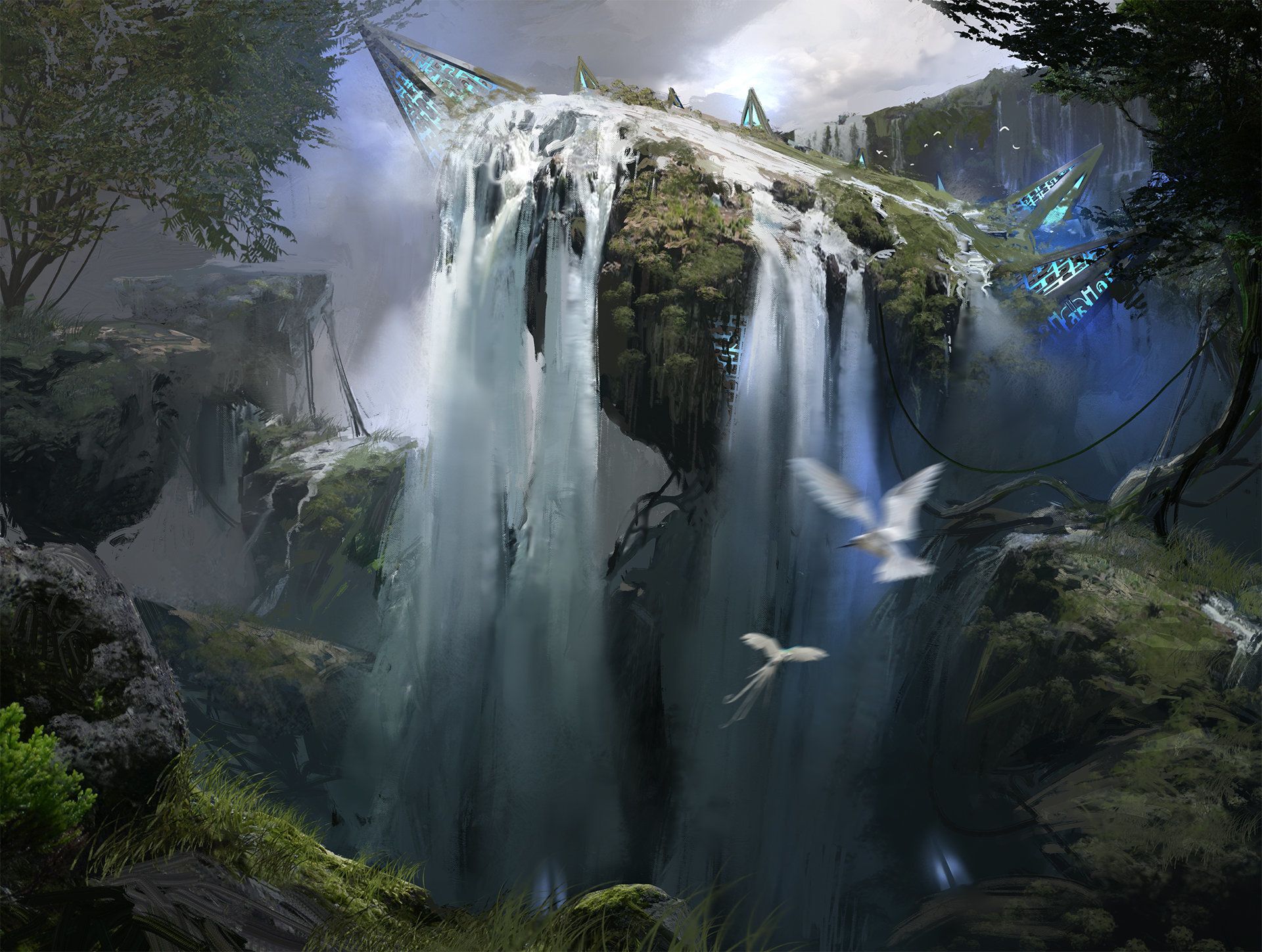 1920x1448 Desktop wallpaper: Fantasy, Landscape, Floating Island, Waterfall 4K free download for PC. 794641