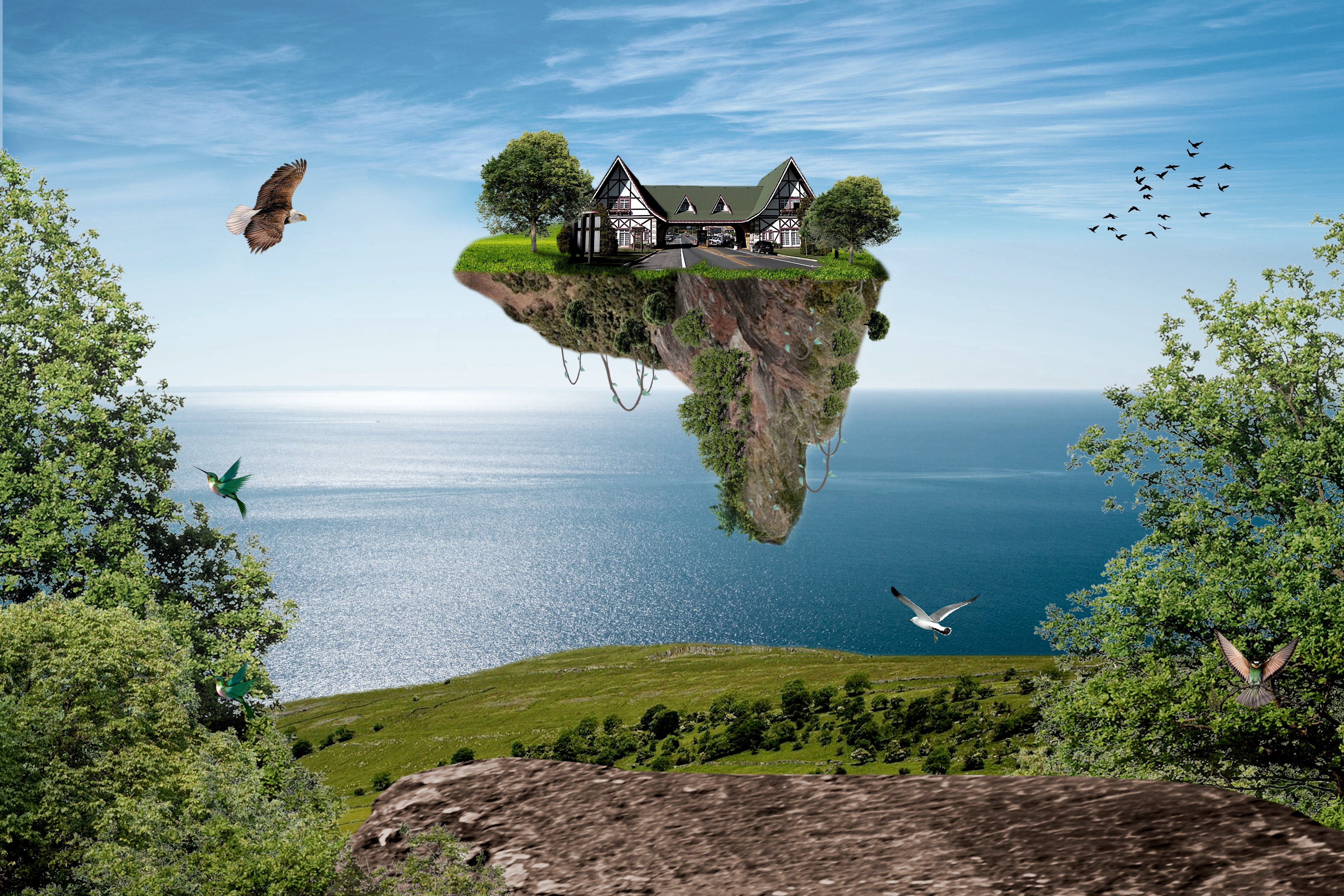 4608x3072 Floating island with house above the sea during daytime HD wallpaper