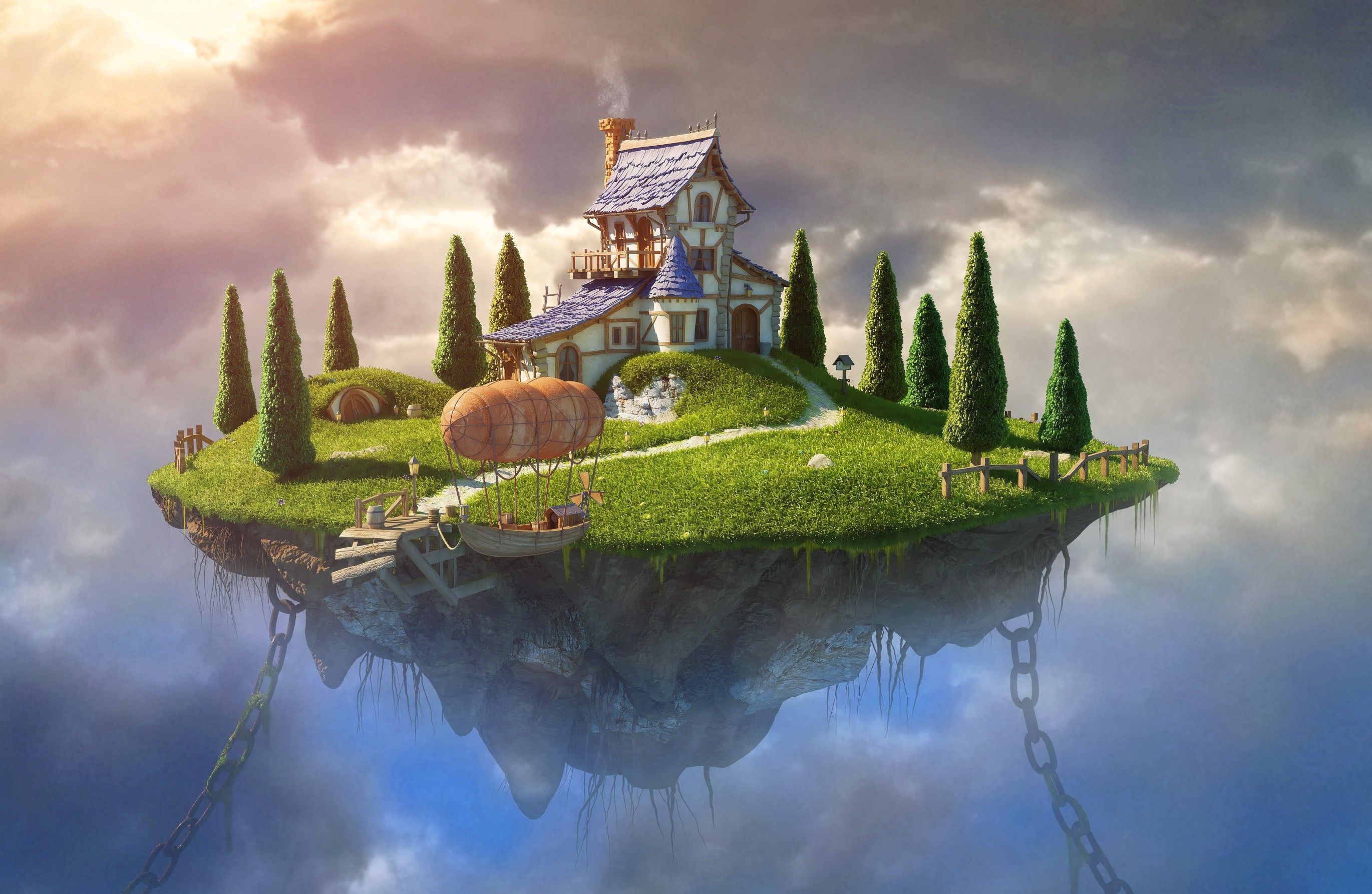 2740x1786 fantasy Art, Digital Art, House, Trees, Chains, Zeppelin, Rock, Clouds, Floating Island Wallpaper HD / Desktop and Mobile Background