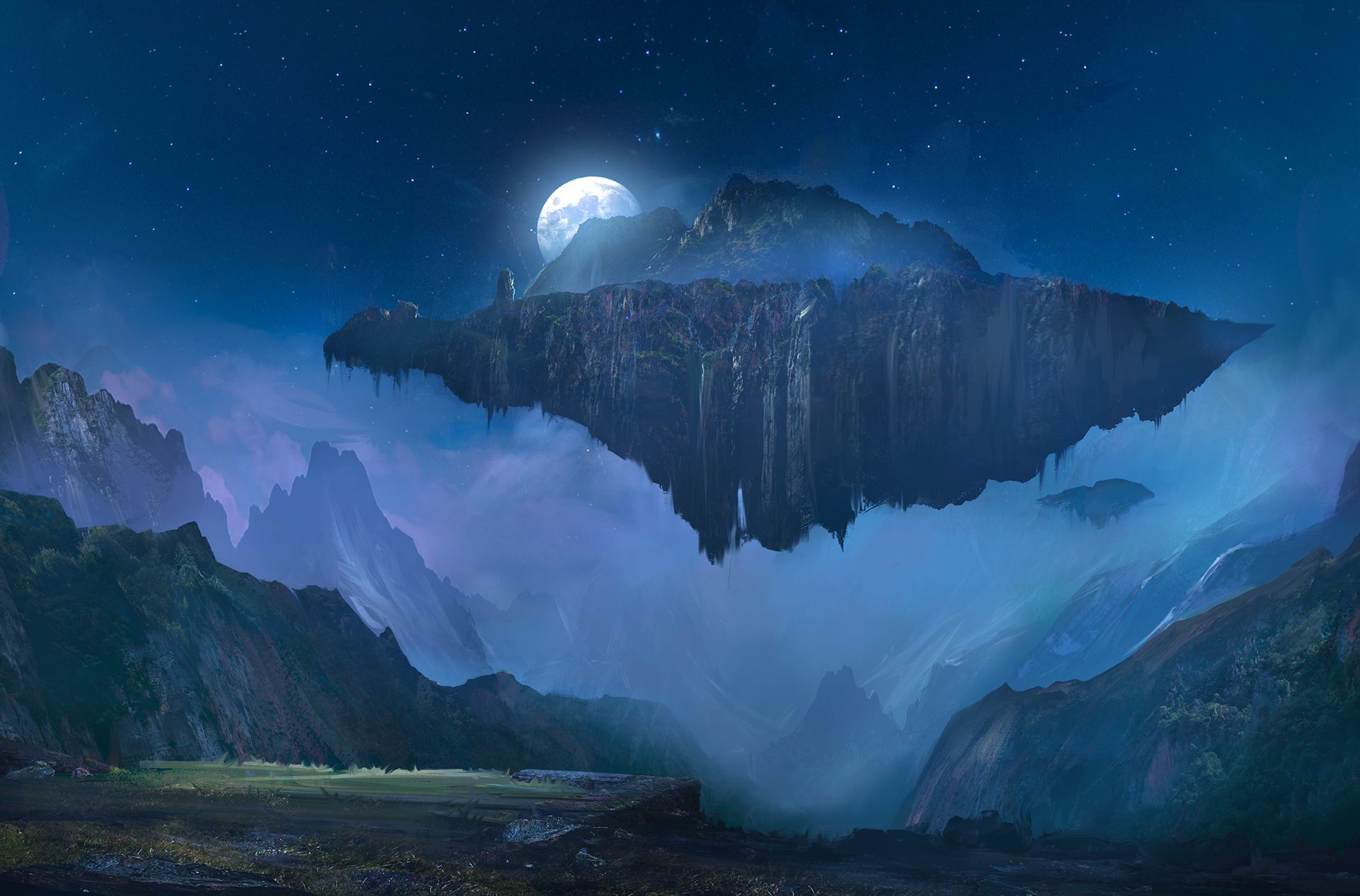 1920x1265 Desktop wallpaper: Fantasy, Landscape, Floating Island, Moon, Mountain, Night 4K free download for PC. 808070