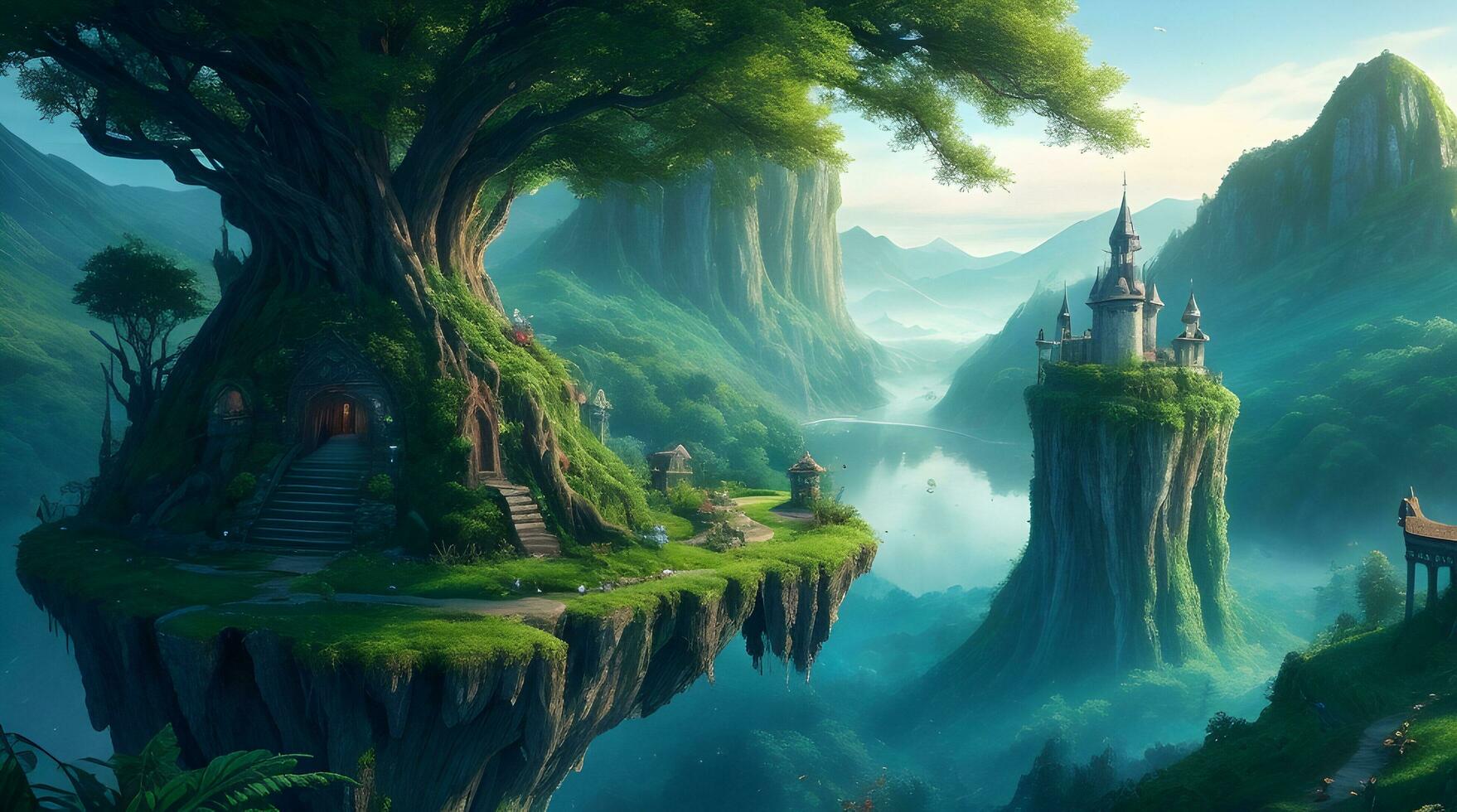1758x980 a scenic fantasy world HD wallpaper featuring floating islands, cascading waterfalls, and floating castles