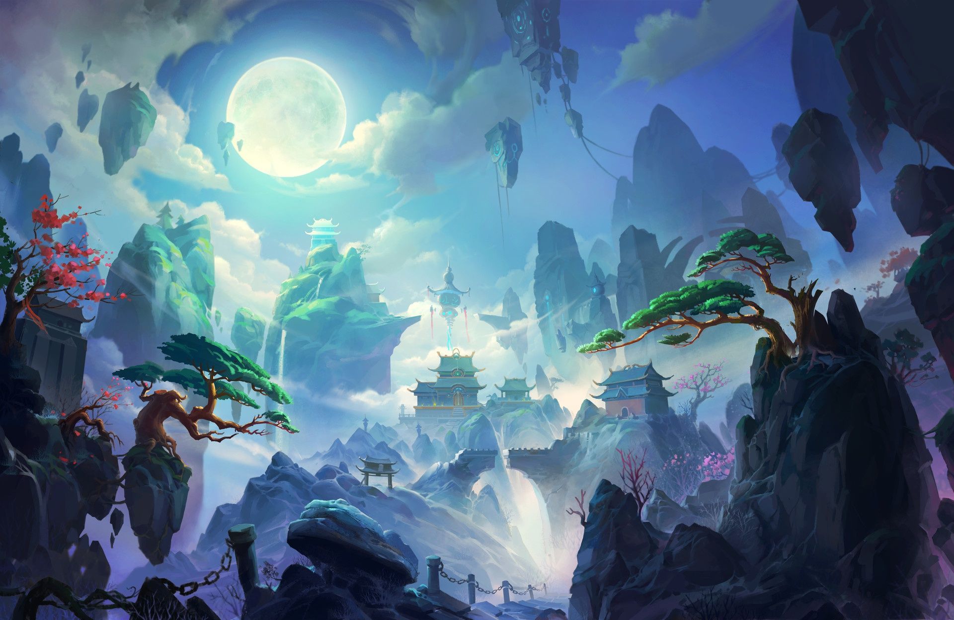 1920x1248 Phone wallpaper: Floating Island, Oriental, Fantasy, Moon, Tree 920625