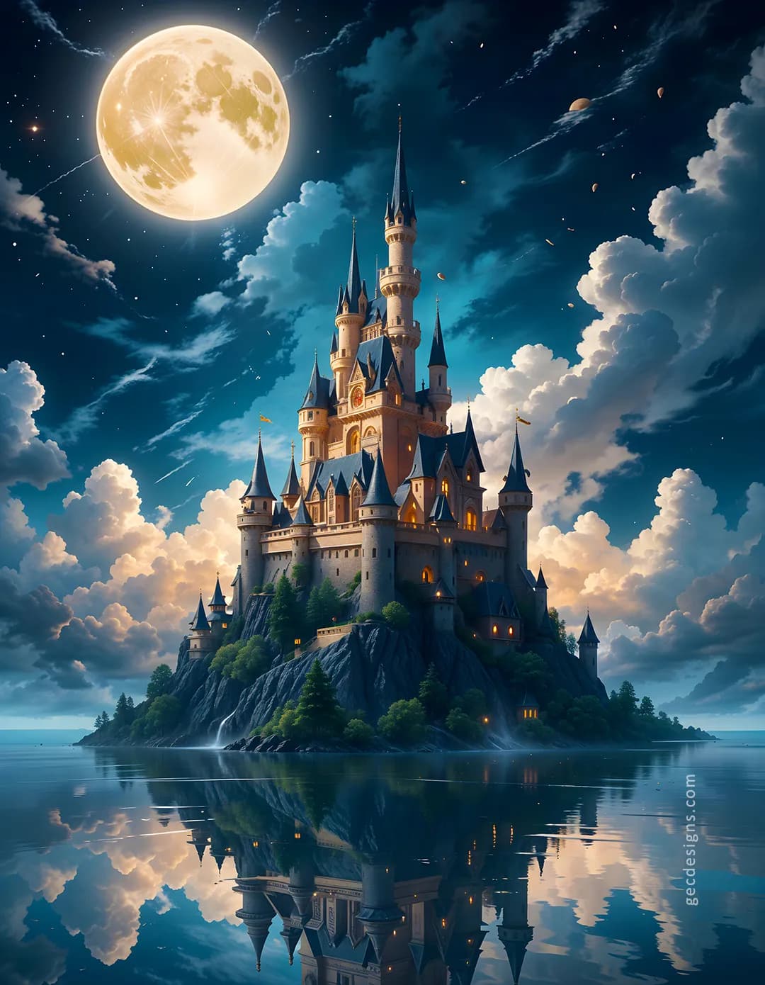 1080x1390 Dark fantasy castle on a floating island in a lake AI generated wallpaper at full moon day: Free & Premium Creative Assets