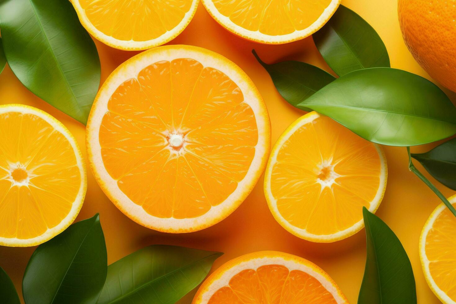 1470x980 AI generated Fresh orange and slice with leaves background, Close up, Image of juicy organic whole and halved oranges with leaves , AI generated