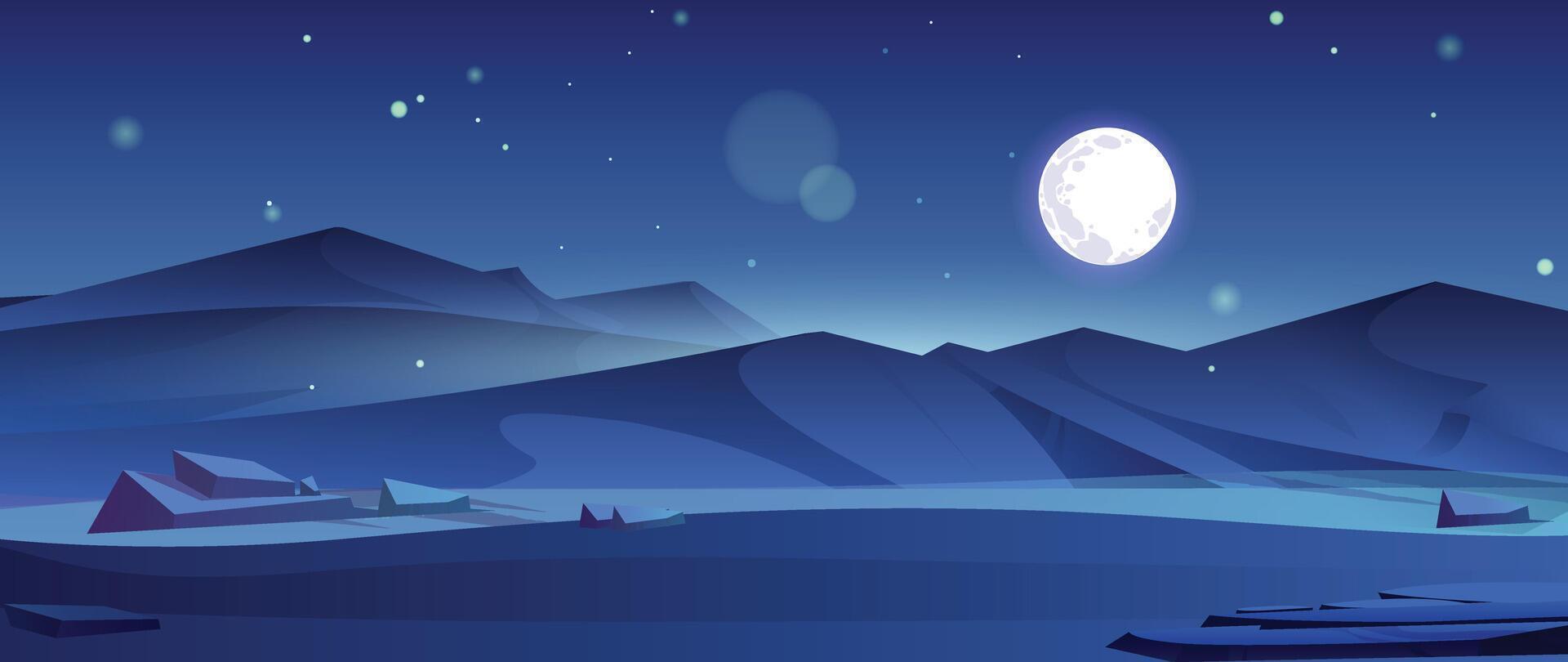1920x810 Cartoon night nature landscape full moon shining in sky with stars above field, mountain and rocks. Dark heaven with moonlight romantic fantasy background, midnight
