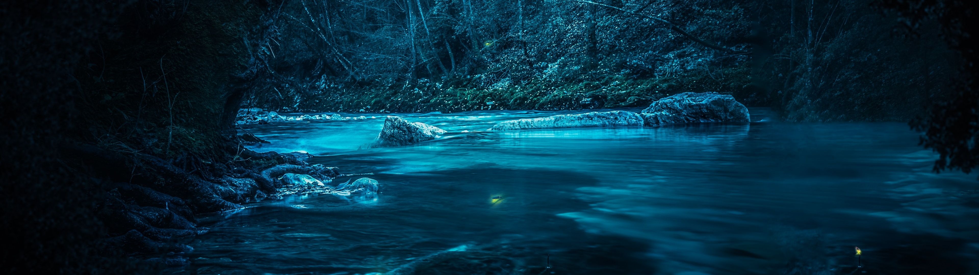 3840x1080 Forest Wallpaper 4K, River, Night, Dark, Magical