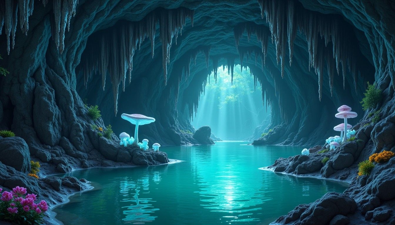 1344x768 Download Glowing Underground River Image, Bioluminescent, Cave