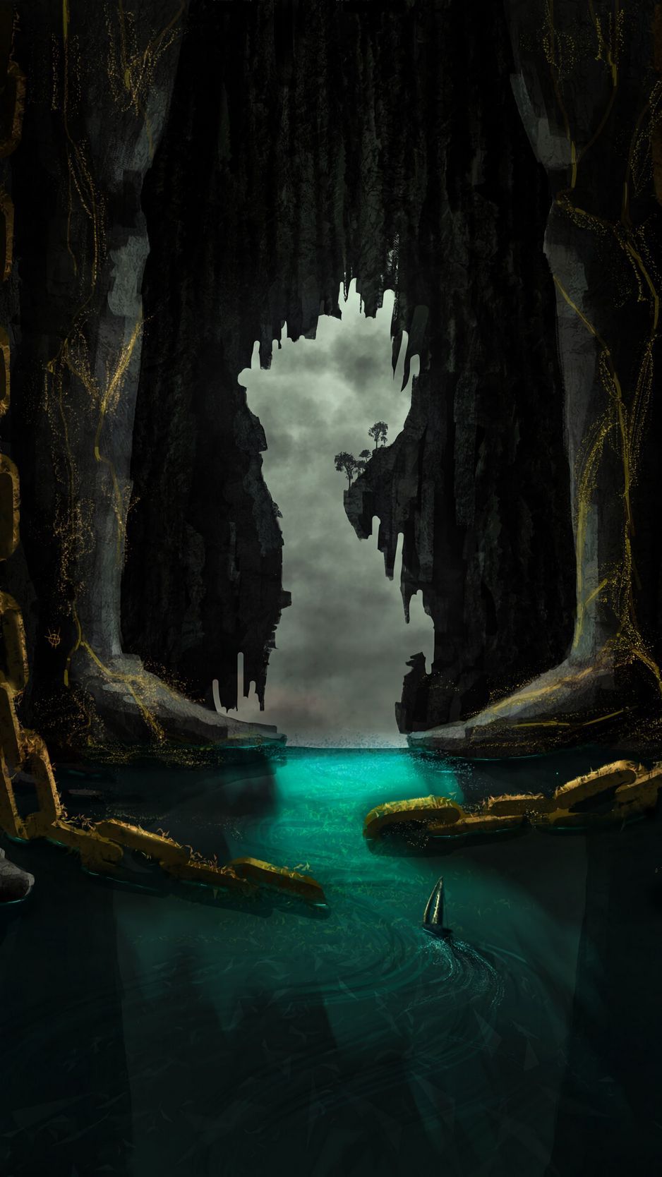 938x1668 Download Wallpaper 938x1668 Cave, Ship, River, Rocks, Chains, Art Iphone 8 7 6s 6 For Parallax HD Background