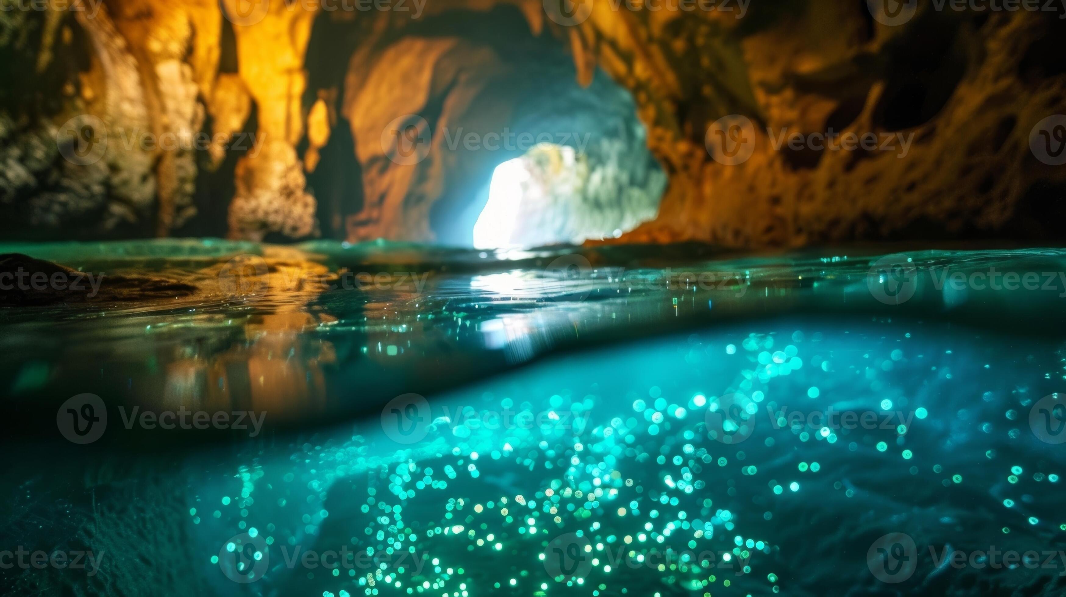 3497x1960 An underground river flows through a cave the water illuminated by the sparkling glow of luminescent algae