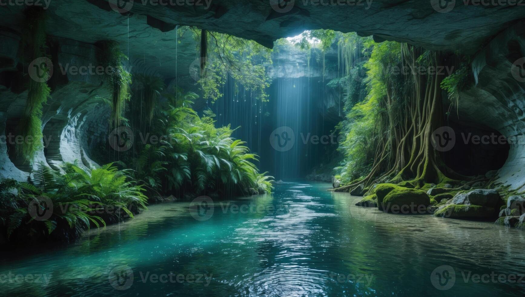 1734x980 Serene underground river surrounded by lush greenery and sunlight filtering through cave openings