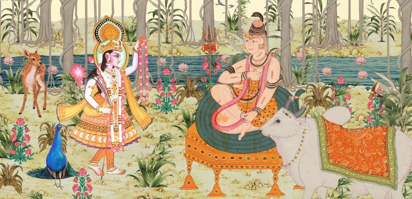 1314x637 Shiva Krishna Indian Tradional Custom Wallpaper and Wine Decor