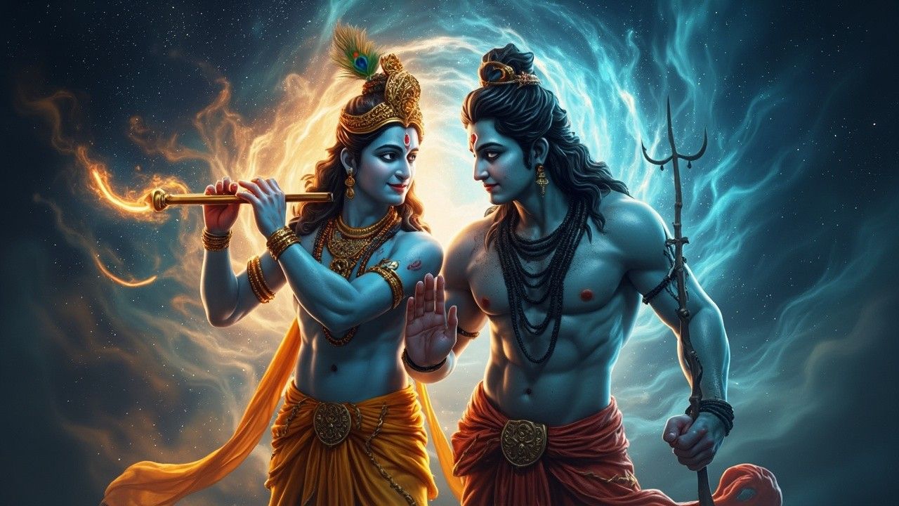 1280x720 Lord Krishna and Shiva in Cosmic Celestial Environment