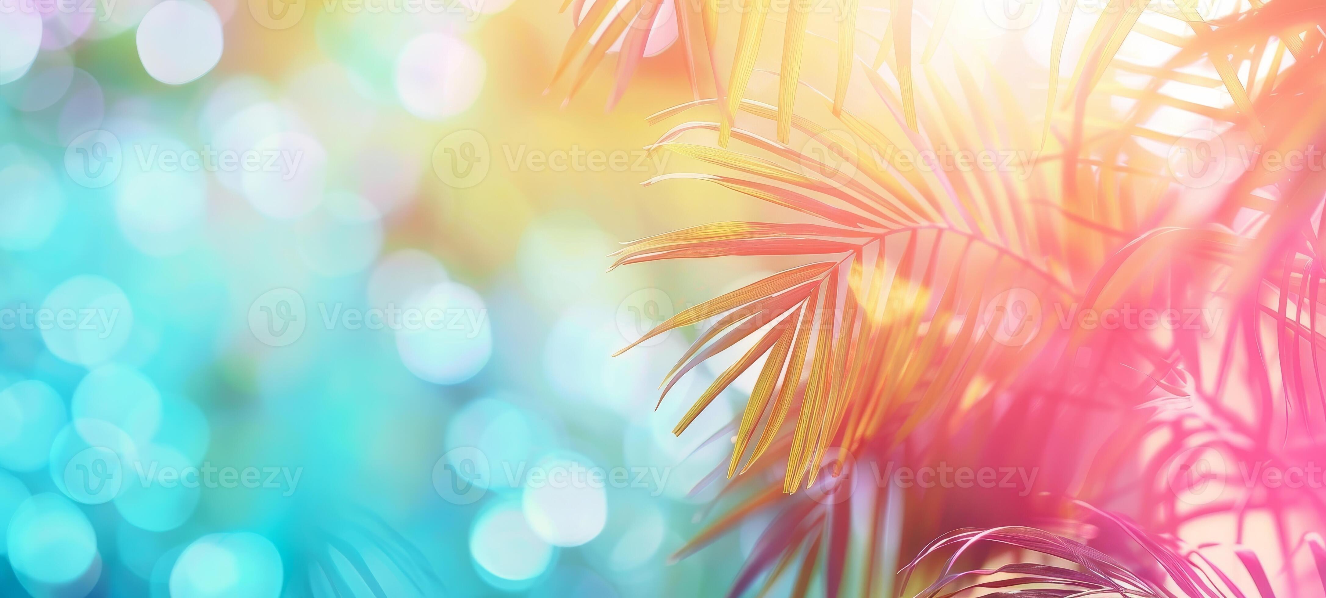 4346x1960 Bright summer tropical background with vivid colorful palm leaves and bokeh effect. Trendy botanical wallpaper with soft colors. Festive mood. Summer vibes. Banner. Copy space. Mockup for design 46128958