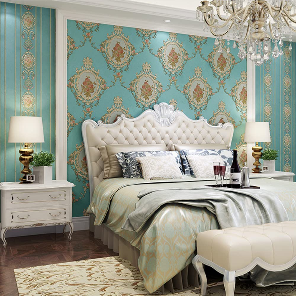 1000x1000 Self Adhesive Non Woven Wallpaper Simple European Style 3D Embossed Damask AB Version Wallpaper Living Room Bedroom Bedside TV Background Wall 20.87Wx236.22L Peel And Stick (Sapphire Blue A)