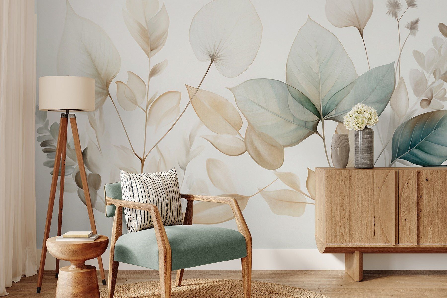 1800x1200 Wall Mural Textured translucent leaves in muted tones of beige and teal, with delicate stems against a soft, , Wallpaper Unique, w09583 :