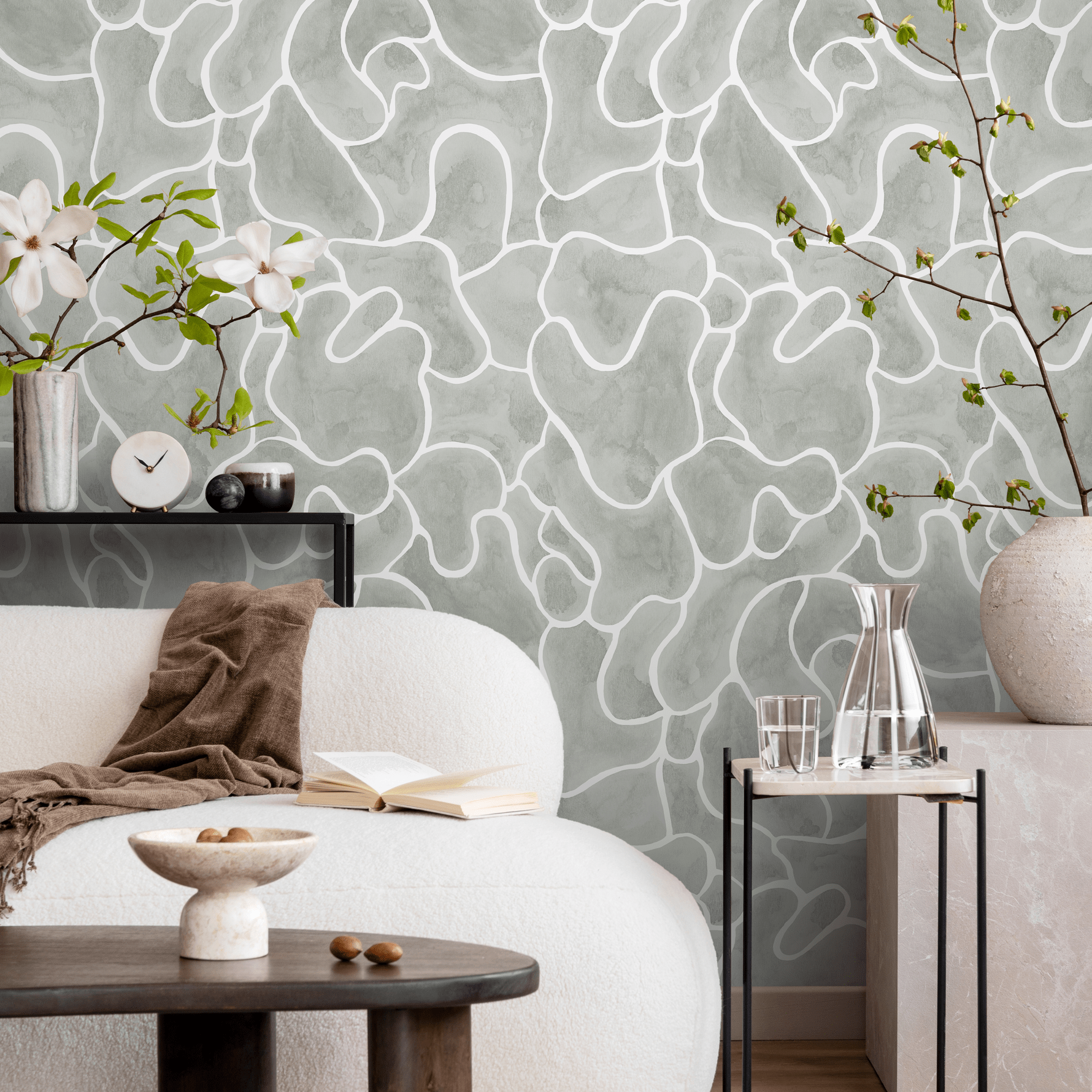 1780x1780 Abstract Wallpaper with Organic Fluid Lines in Sage Gray and White SAMPLE (24w x 24h) / Canvas: Traditional