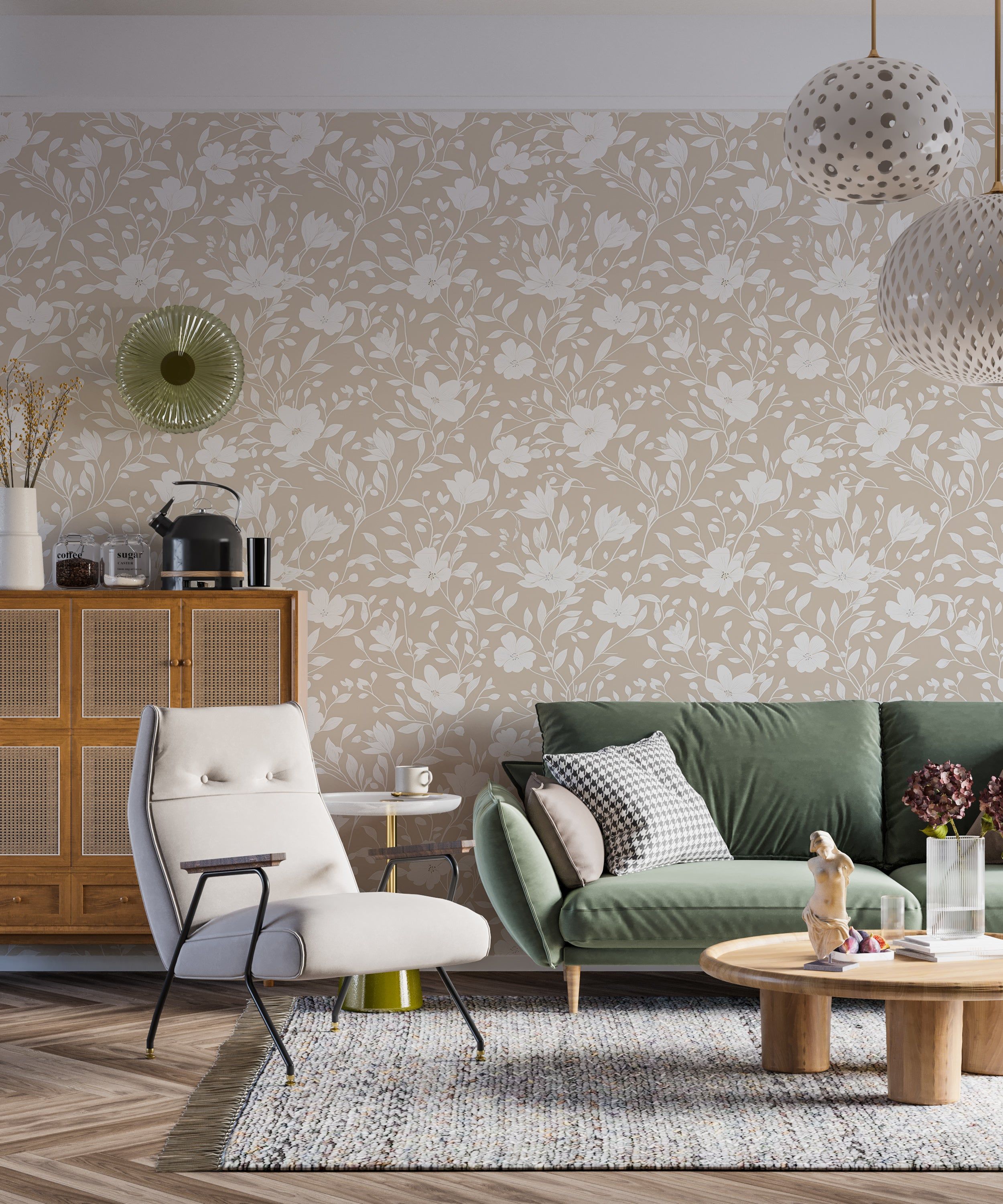 2500x3000 Light Minimalist Beige Floral Wallpaper White Flowers Decor Peel & Stick Vinyl / 28W x 90H