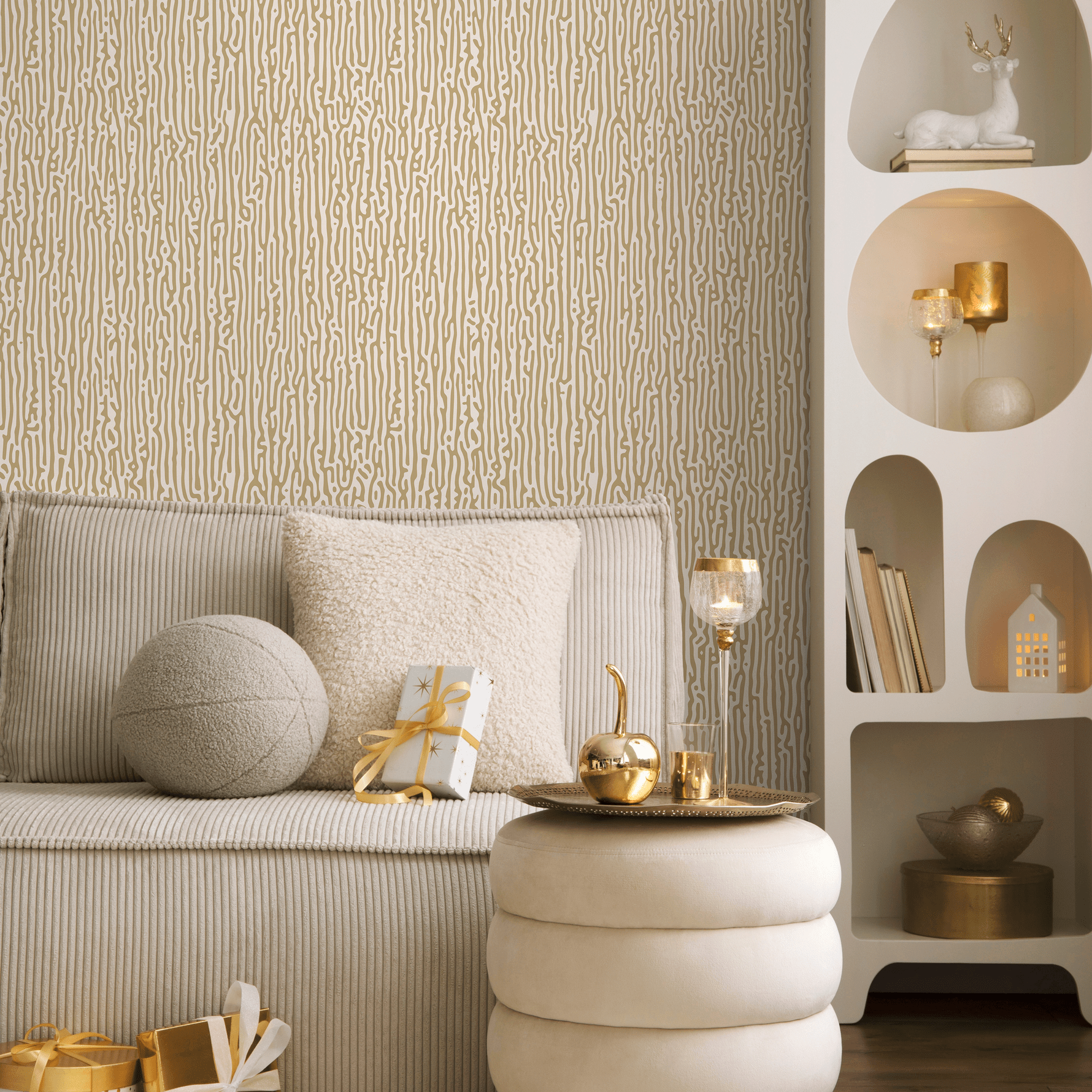 1780x1780 Striped Wallpaper with An Organic Motif in Beige and Light Grey 1 roll: 24w x 112h / Canvas: Peel and Stick