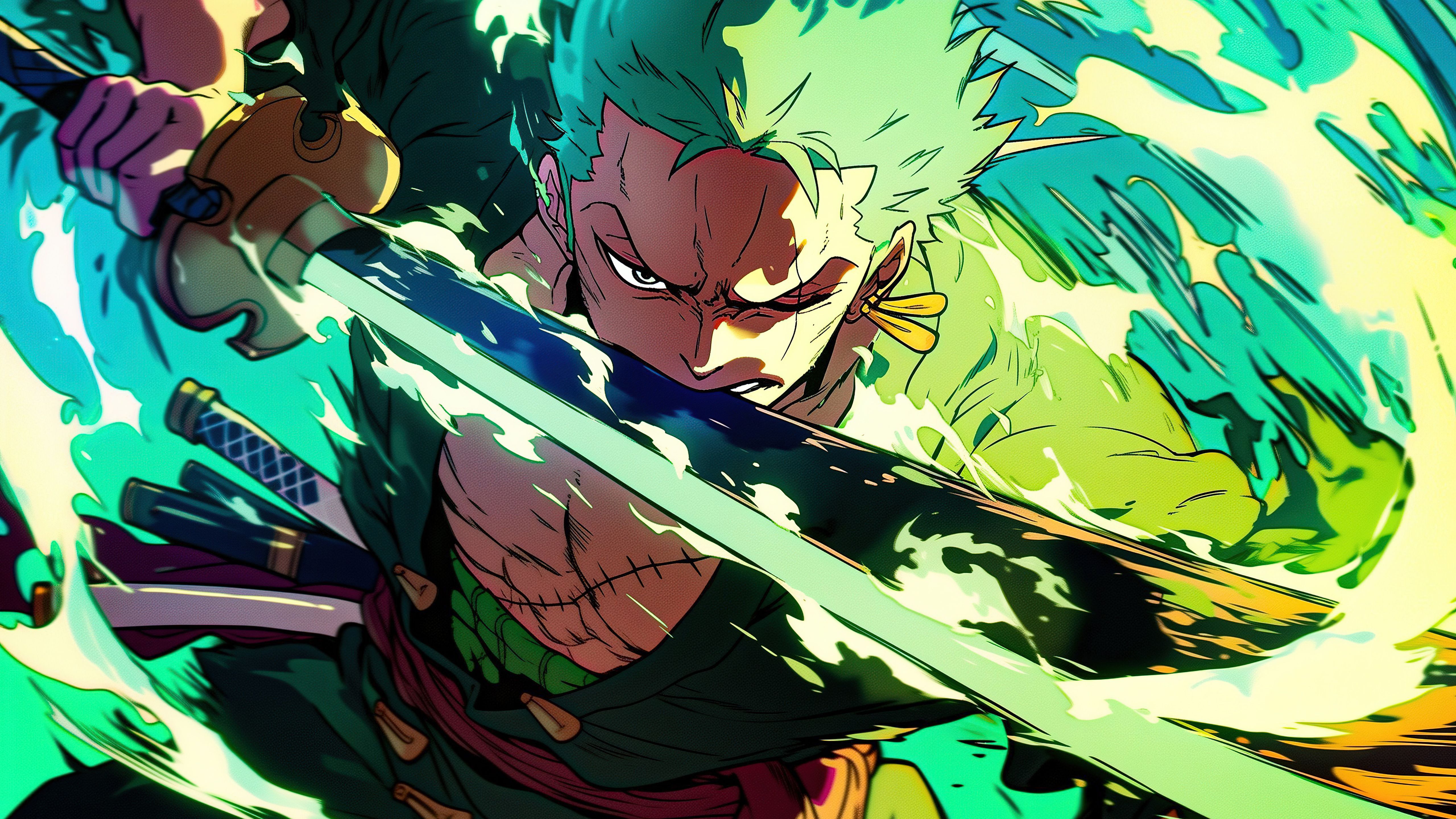 5120x2880 Roronoa Zoro Wallpaper 4K, Green, Artwork, Sword, 5K