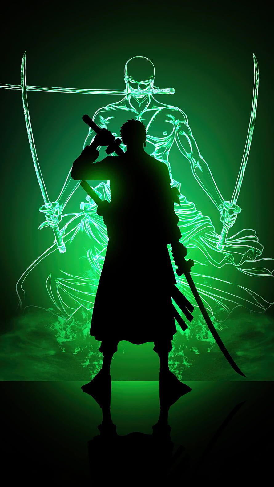 890x1582 Roronoa Zoro Silhouette with Green Neon Spirit Warrior Background HD phone wallpaper