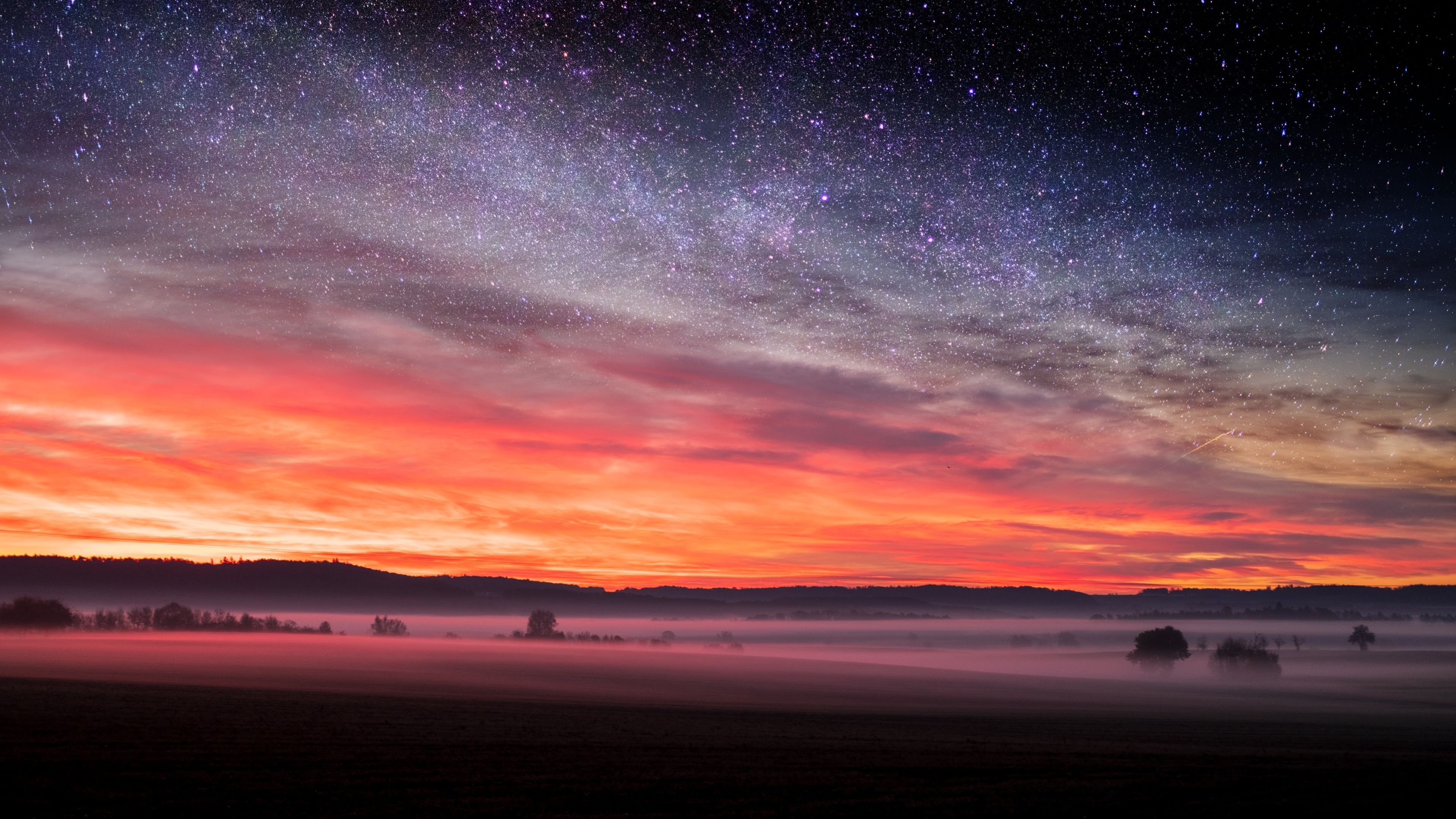 3840x2160 Starry sky Wallpaper 4K, Sunset Orange, Landscape, Fog