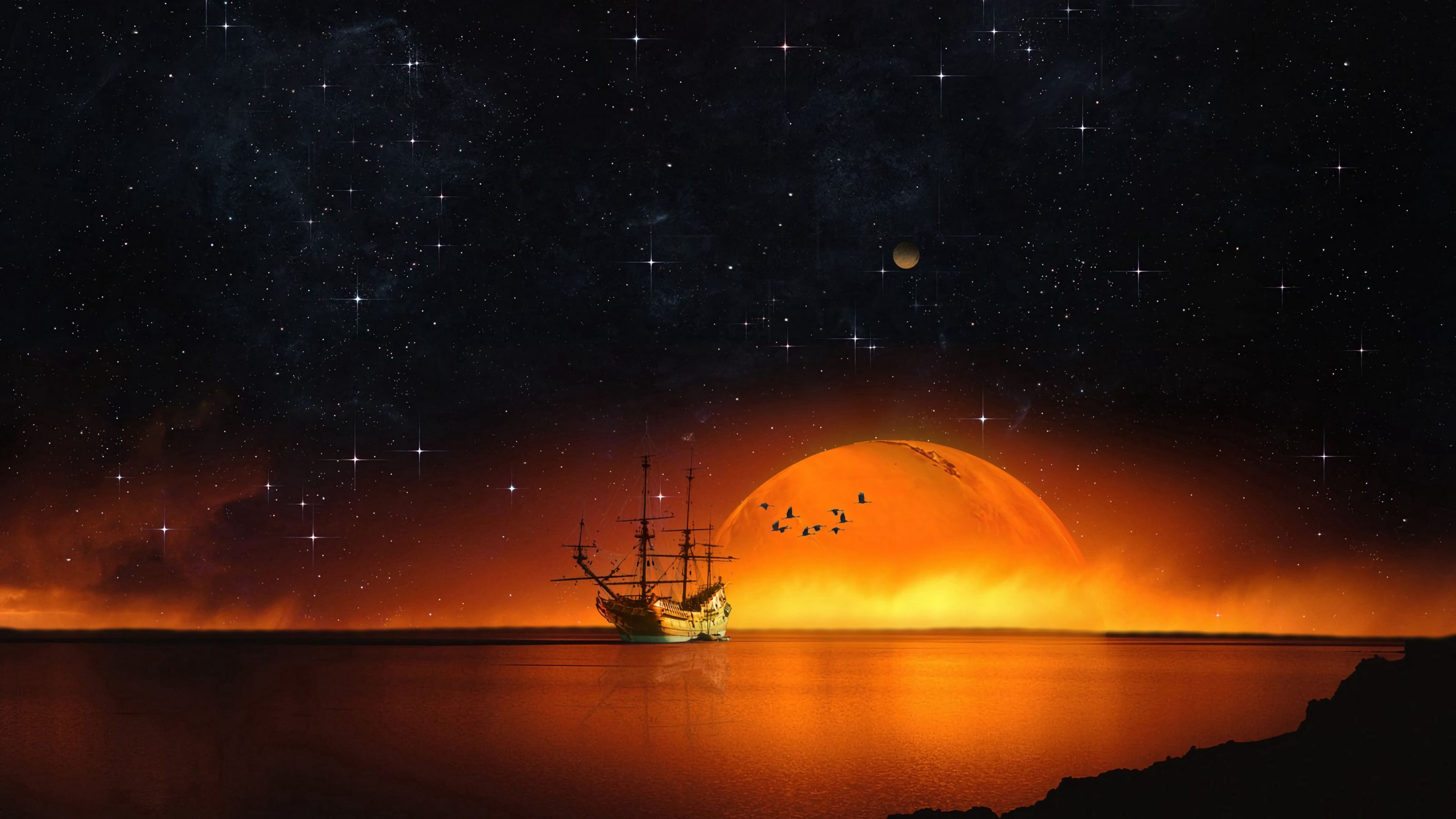 3840x2160 Old ship at sea with a big orange moon at night Desktop wallpaper 1680x1050