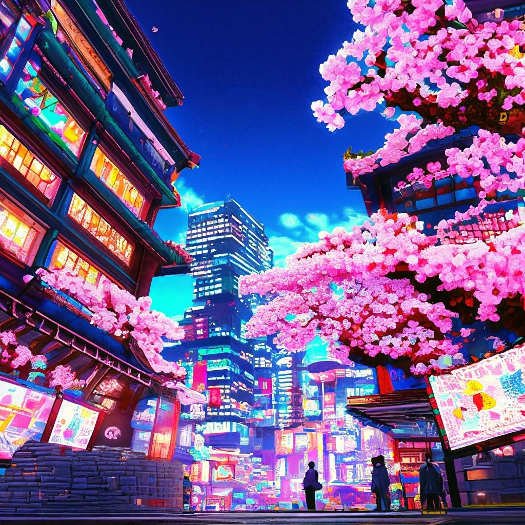 1024x1024 Pixel art Tokyo. 3D pixel wallpaper 4k. incredible pixel graphics details.Foreground cherry blossoms, sakura