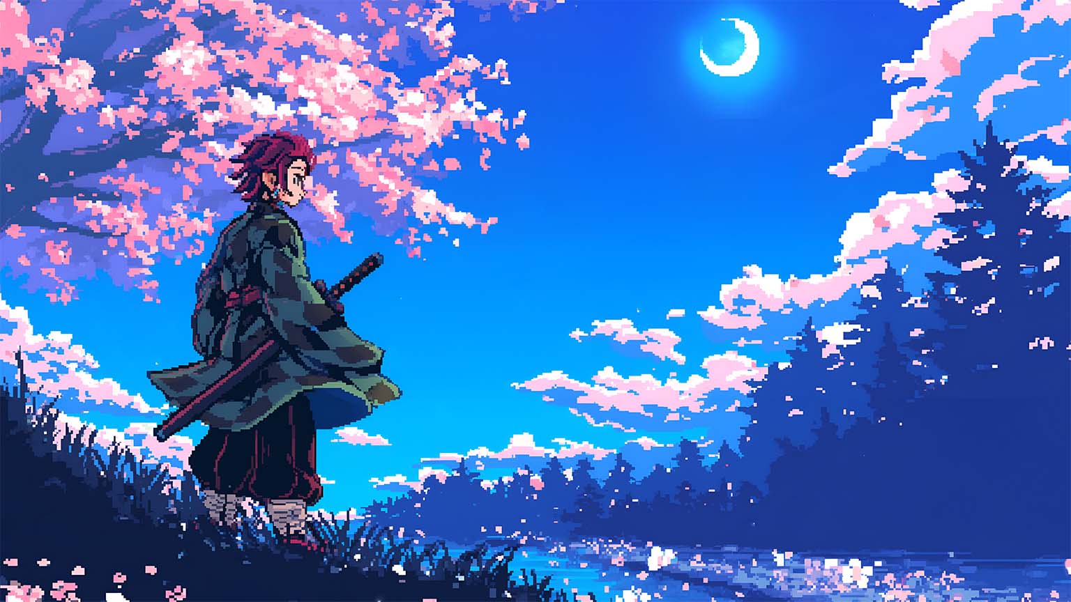 1536x864 Tanjiro Pink Sakura Pixel Desktop Wallpaper in HD & 4K