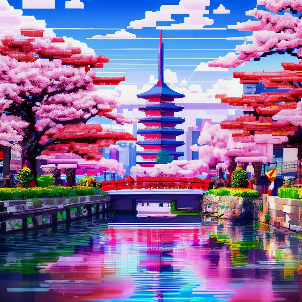 1024x1024 Pixel art Tokyo. 3D pixel wallpaper 4k. incredible pixel graphics details.Foreground cherry blossoms, sakura