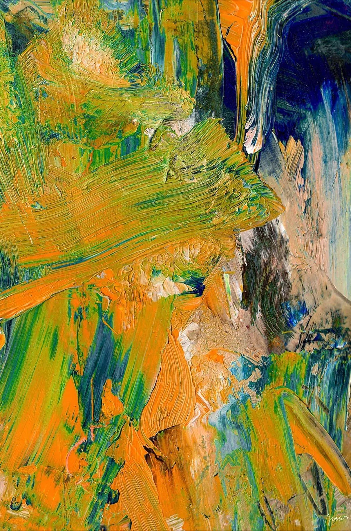 1210x1828 Vibrant Orange and Green Textured Abstract Painting. BIG Wall Décor