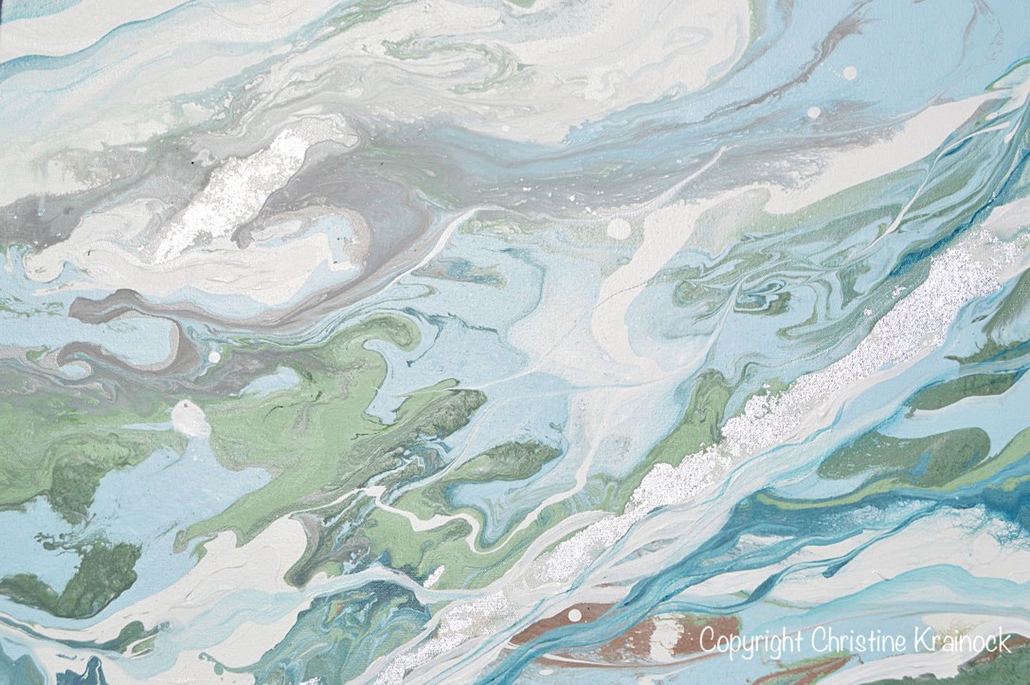 1445x961 ORIGINAL Art Light Blue Green Abstract Painting Silver Leaf Marbled Co