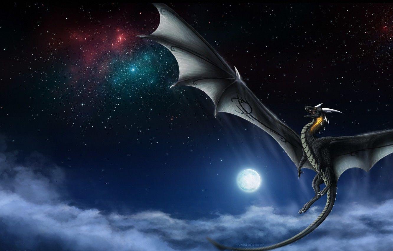 1332x850 Wallpaper the sky, stars, clouds, flight, night, fiction, the moon, dragon, wings, tail image for desktop, section фантастика
